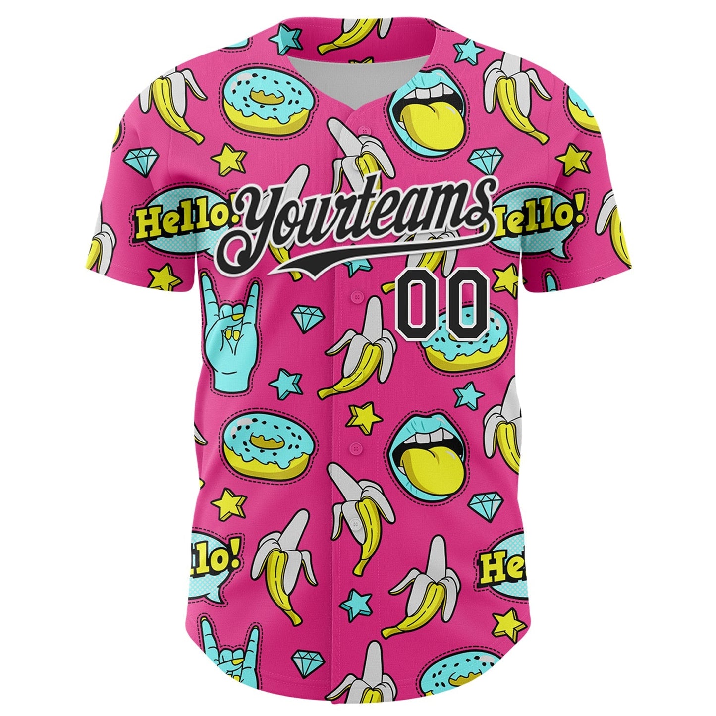 Custom Pink Black-White 3D Pattern Design Funny Cartoon Food Donut And Fruit Banana Authentic Baseball Jersey baseball jersey product view 2