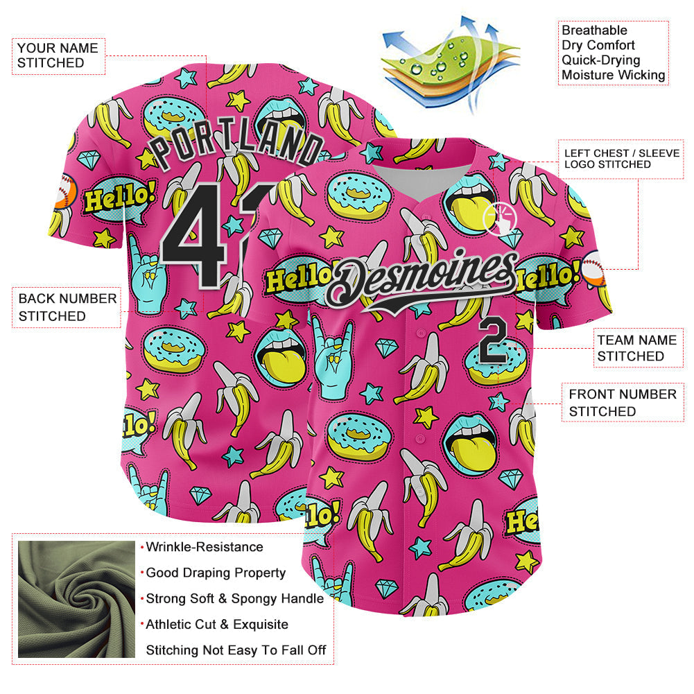 Custom Pink Black-White 3D Pattern Design Funny Cartoon Food Donut And Fruit Banana Authentic Baseball Jersey baseball jersey product view 3