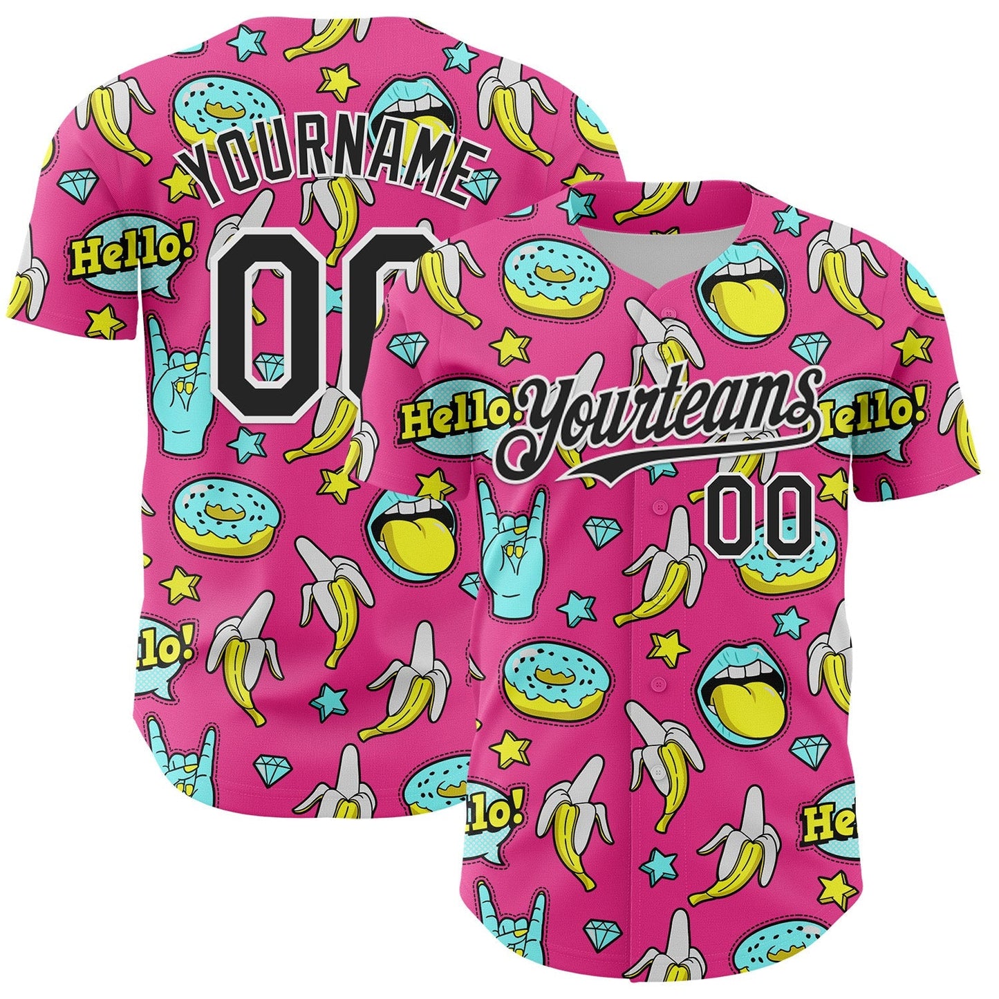 Custom Pink Black-White 3D Pattern Design Funny Cartoon Food Donut And Fruit Banana Authentic Baseball Jersey baseball jersey product view 1