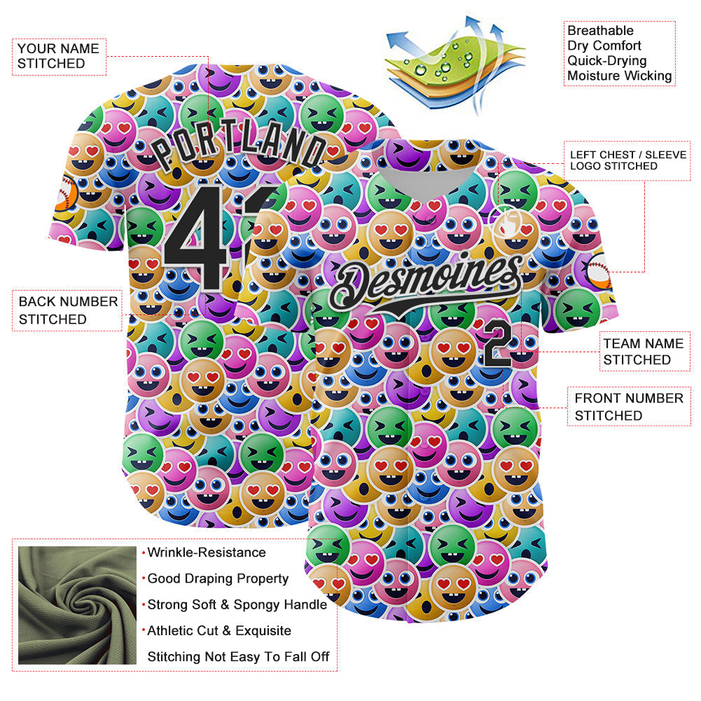 Custom White Black 3D Pattern Design Funny Cartoon Emoji Face Authentic Baseball Jersey baseball jersey product view 3