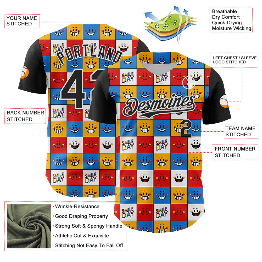 Custom White Black 3D Pattern Design Funny Cartoon Emoji Smile Face Authentic Baseball Jersey baseball jersey product view 3