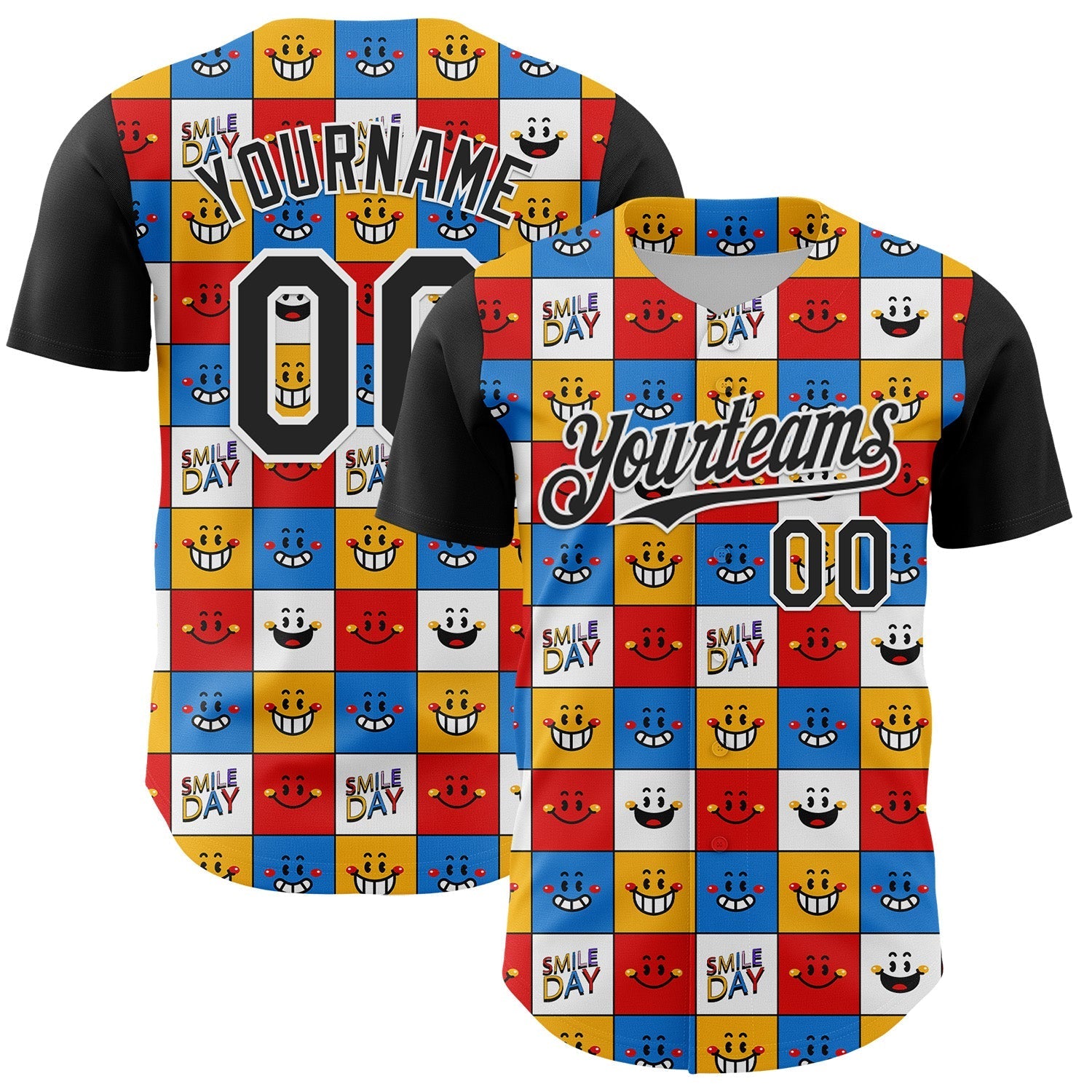 Custom White Black 3D Pattern Design Funny Cartoon Emoji Smile Face Authentic Baseball Jersey baseball jersey product view 1