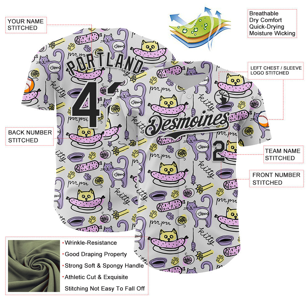 Custom White Black 3D Pattern Design Funny Cartoon Animal Cat And Dog Authentic Baseball Jersey baseball jersey product view 3