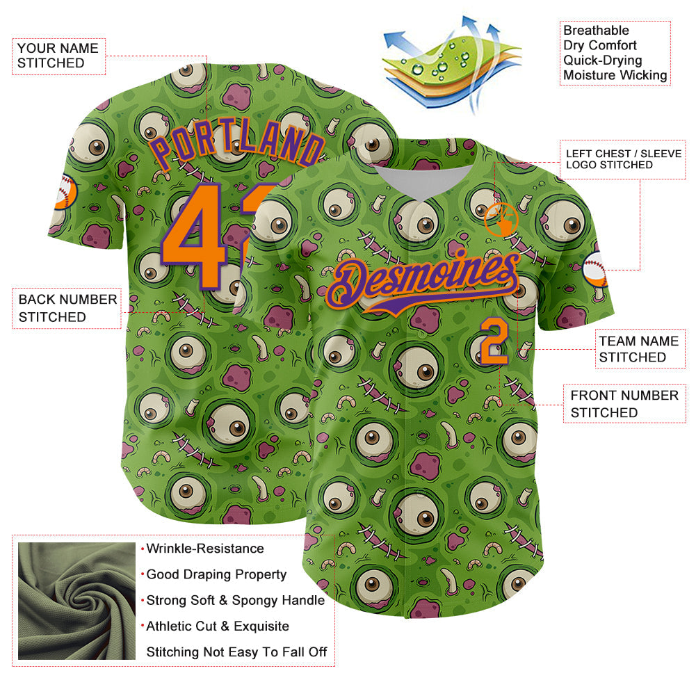 Custom Green Bay Orange-Purple 3D Pattern Design Funny Cartoon Monster Authentic Baseball Jersey baseball jersey product view 3