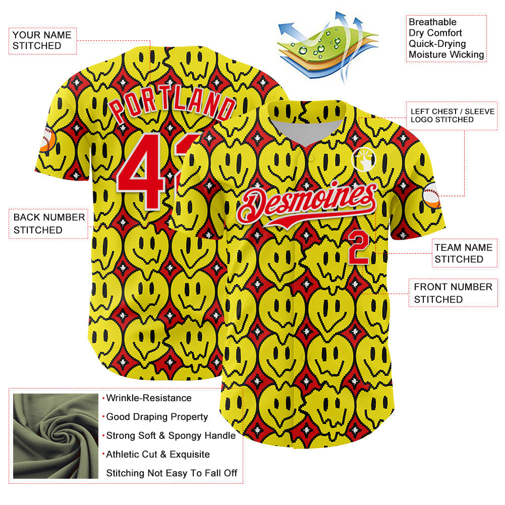 Custom Fire Red White 3D Pattern Design Funny Cartoon Emoji Smile Face Authentic Baseball Jersey baseball jersey product view 3