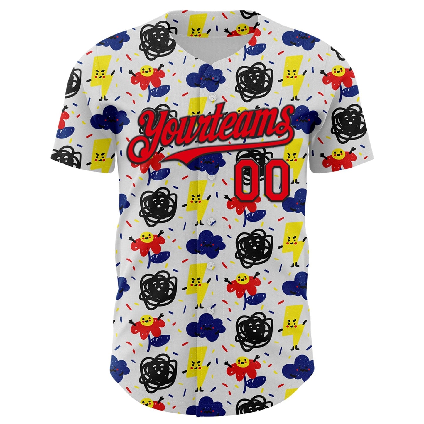 Custom White Fire Red-Black 3D Pattern Design Funny Cartoon Flower Cloud Lightning Authentic Baseball Jersey baseball jersey product view 2