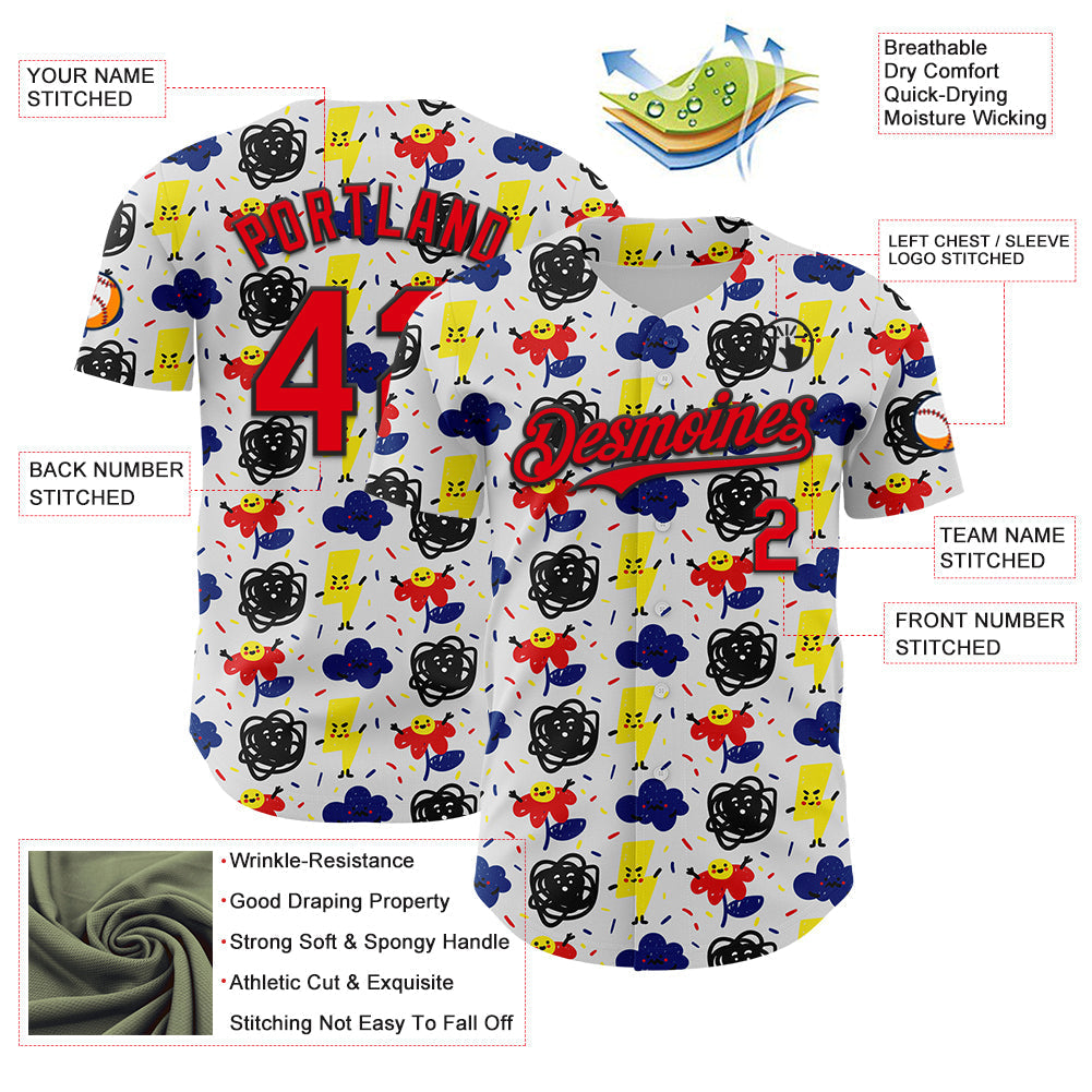 Custom White Fire Red-Black 3D Pattern Design Funny Cartoon Flower Cloud Lightning Authentic Baseball Jersey baseball jersey product view 3