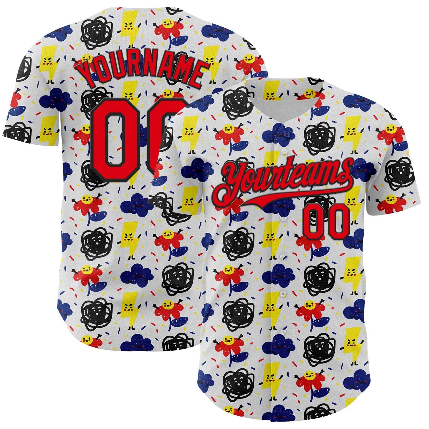Custom White Fire Red-Black 3D Pattern Design Funny Cartoon Flower Cloud Lightning Authentic Baseball Jersey baseball jersey product view 1