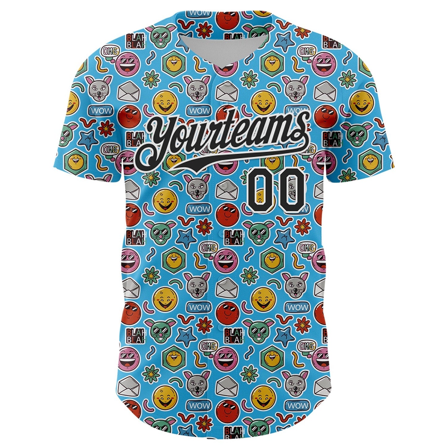 Custom Sky Blue Black-White 3D Pattern Design Funny Cartoon Emoji Authentic Baseball Jersey baseball jersey product view 2