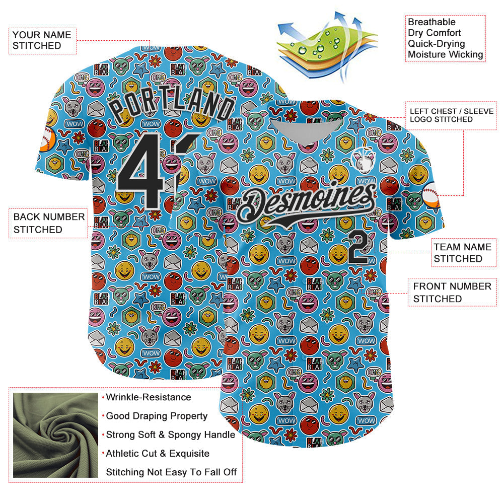 Custom Sky Blue Black-White 3D Pattern Design Funny Cartoon Emoji Authentic Baseball Jersey baseball jersey product view 3