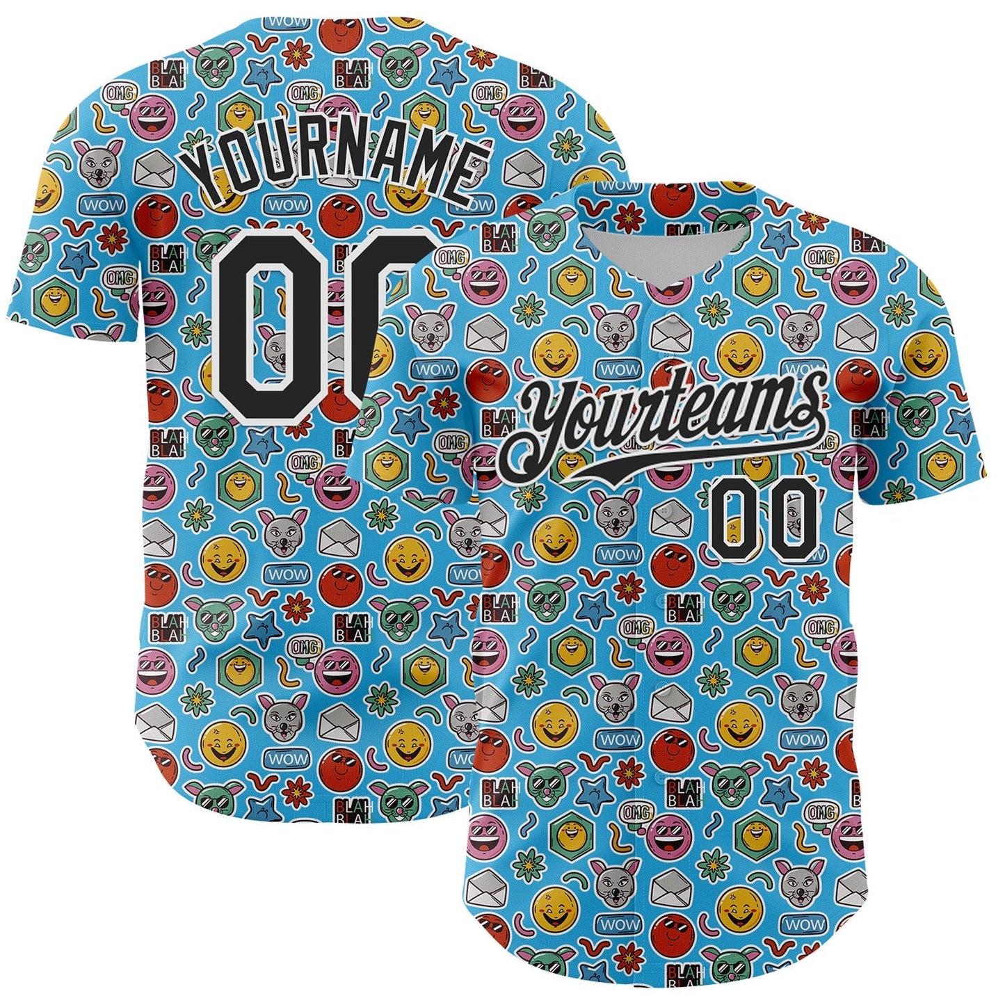 Custom Sky Blue Black-White 3D Pattern Design Funny Cartoon Emoji Authentic Baseball Jersey baseball jersey product view 1
