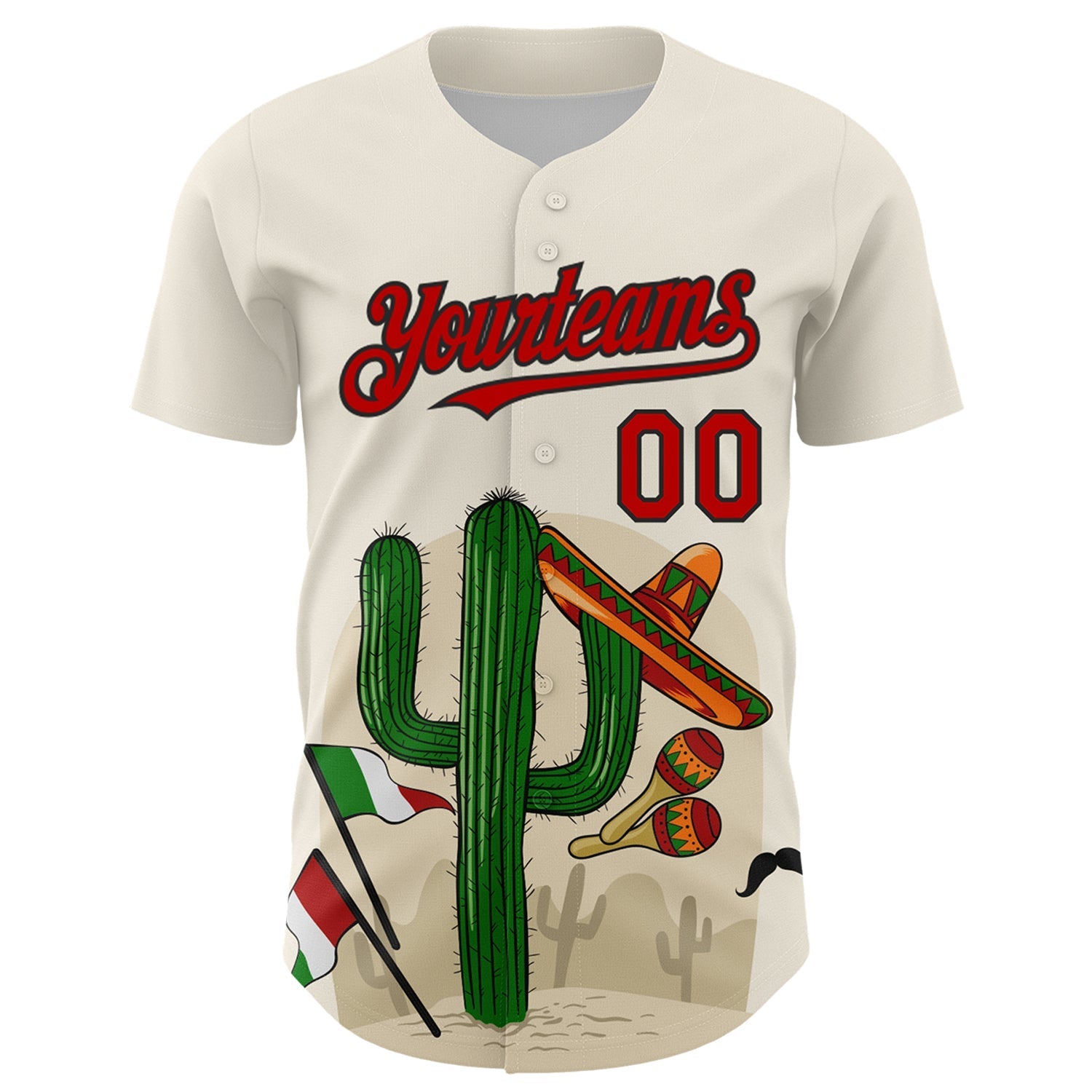 Custom Cream Red-Black 3D Mexican Festival Cactus Sombrero And Flag Cinco de Mayo Authentic Baseball Jersey baseball jersey product view 2