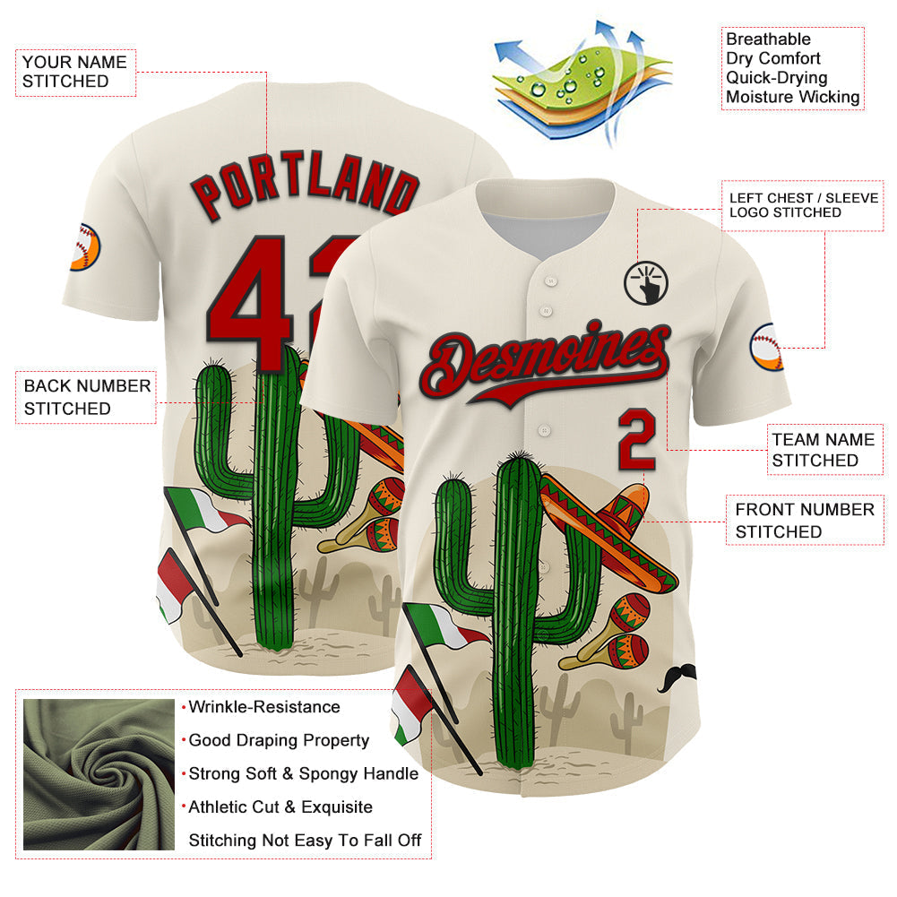 Custom Cream Red-Black 3D Mexican Festival Cactus Sombrero And Flag Cinco de Mayo Authentic Baseball Jersey baseball jersey product view 3