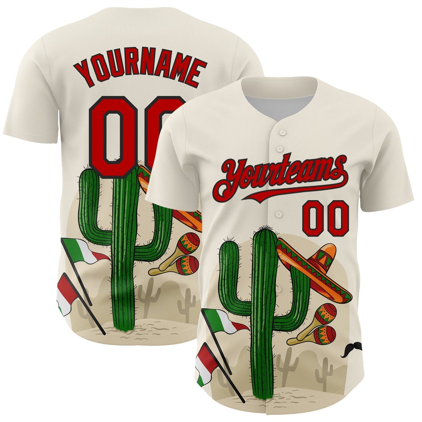 Custom Cream Red-Black 3D Mexican Festival Cactus Sombrero And Flag Cinco de Mayo Authentic Baseball Jersey baseball jersey product view 1