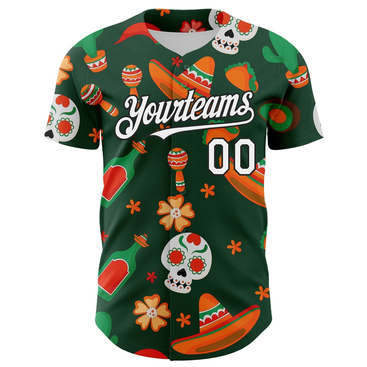 Custom Green White-Black 3D Mexican Festival Sombrero And Skull Cinco de Mayo Authentic Baseball Jersey baseball jersey product view 2