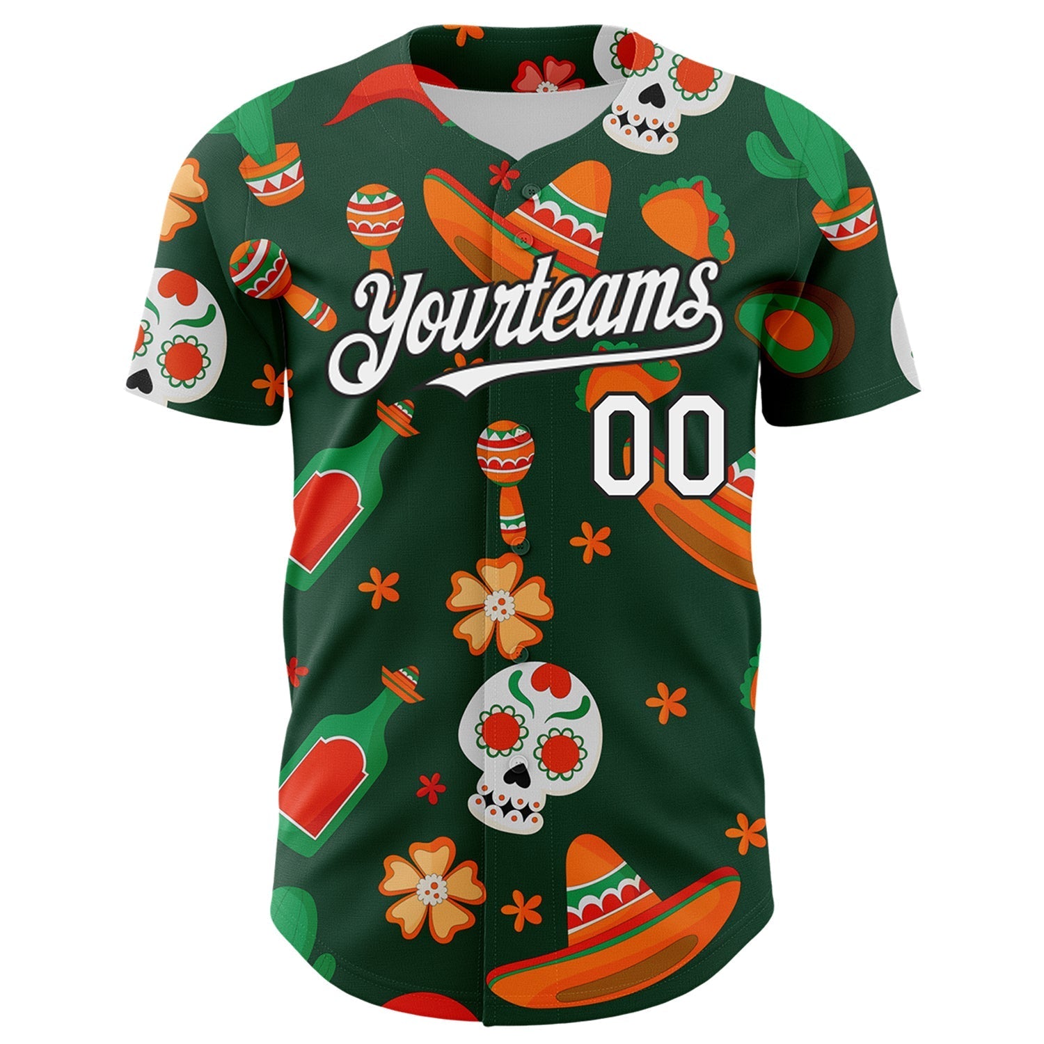 Custom Green White-Black 3D Mexican Festival Sombrero And Skull Cinco de Mayo Authentic Baseball Jersey baseball jersey product view 2