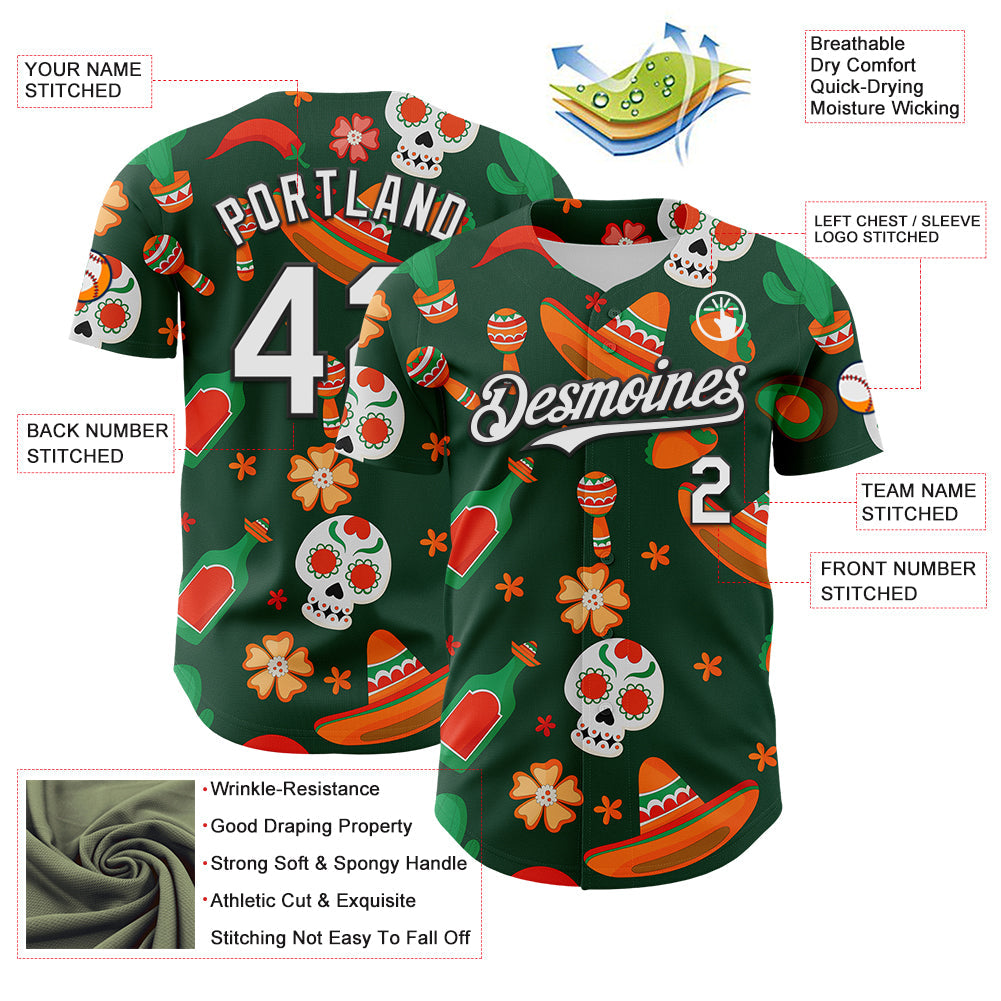 Custom Green White-Black 3D Mexican Festival Sombrero And Skull Cinco de Mayo Authentic Baseball Jersey baseball jersey product view 3