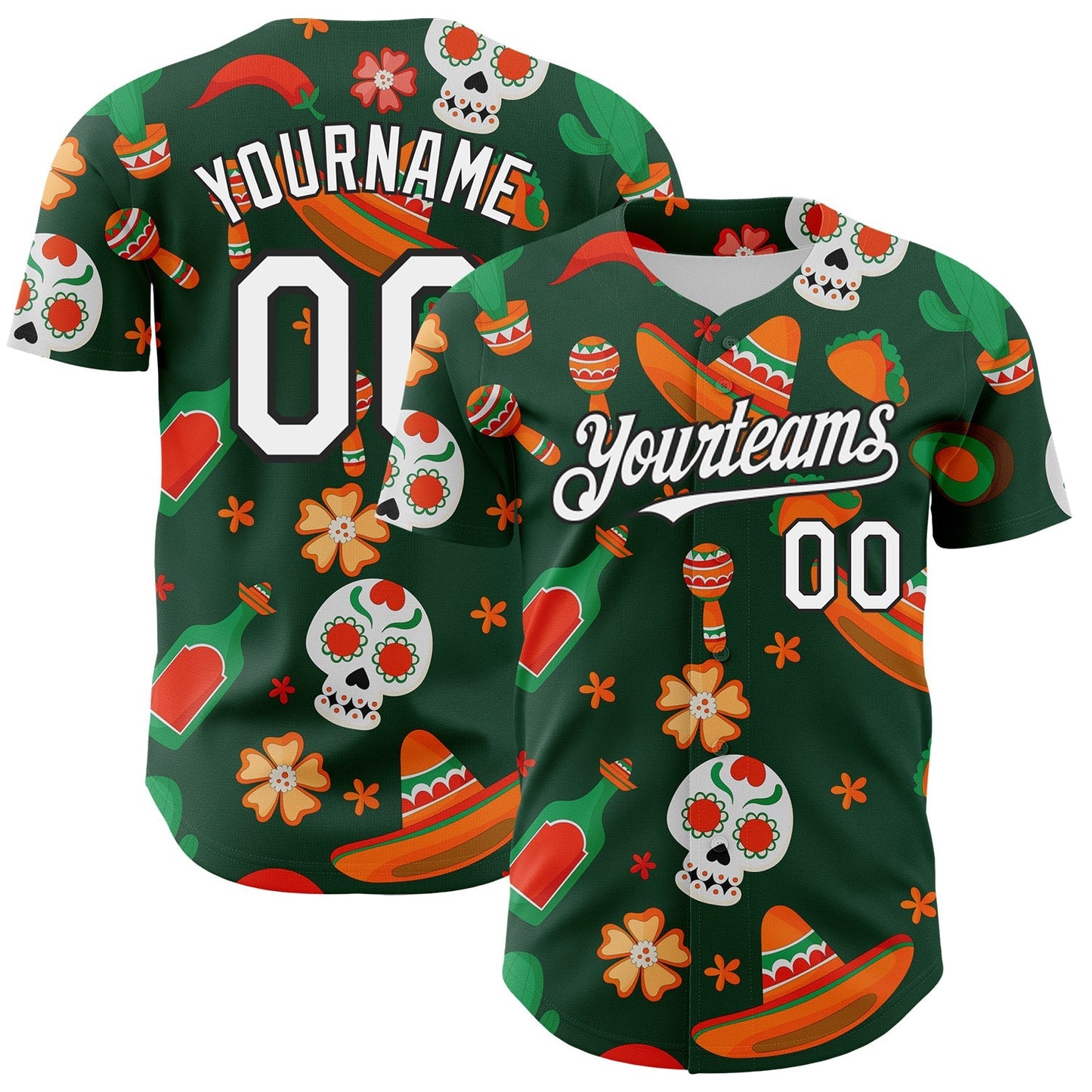 Custom Green White-Black 3D Mexican Festival Sombrero And Skull Cinco de Mayo Authentic Baseball Jersey baseball jersey product view 1
