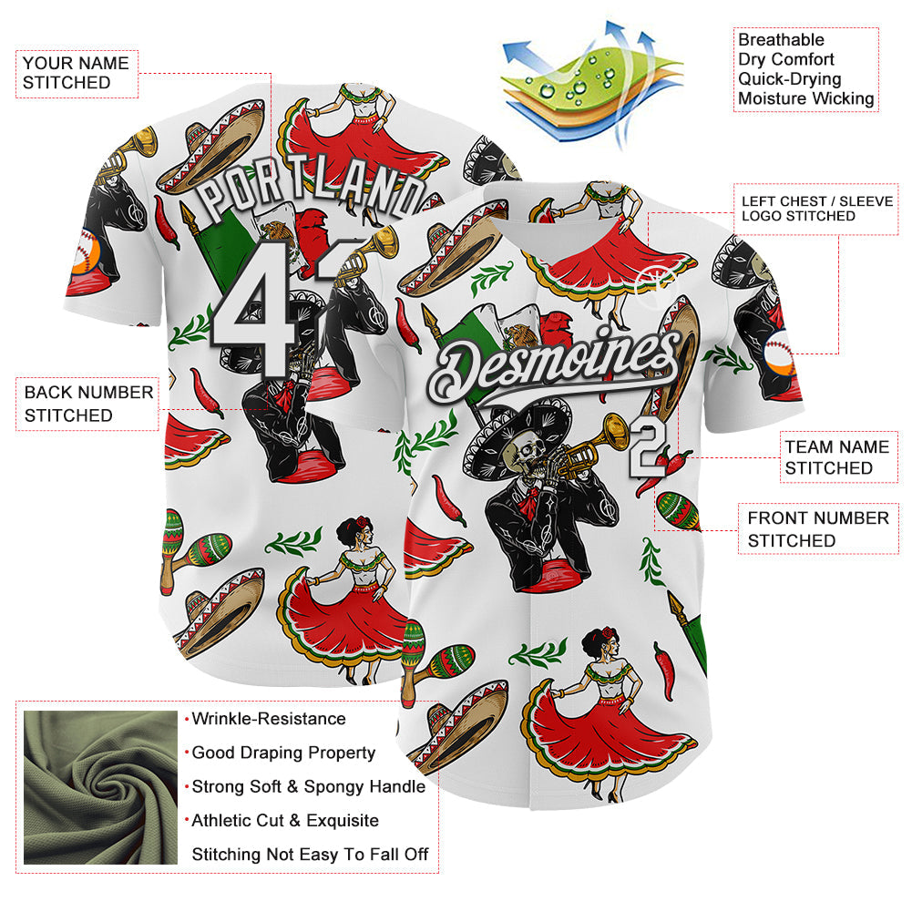 Custom White Black 3D Mexican Festival Skull Cinco de Mayo Authentic Baseball Jersey baseball jersey product view 3
