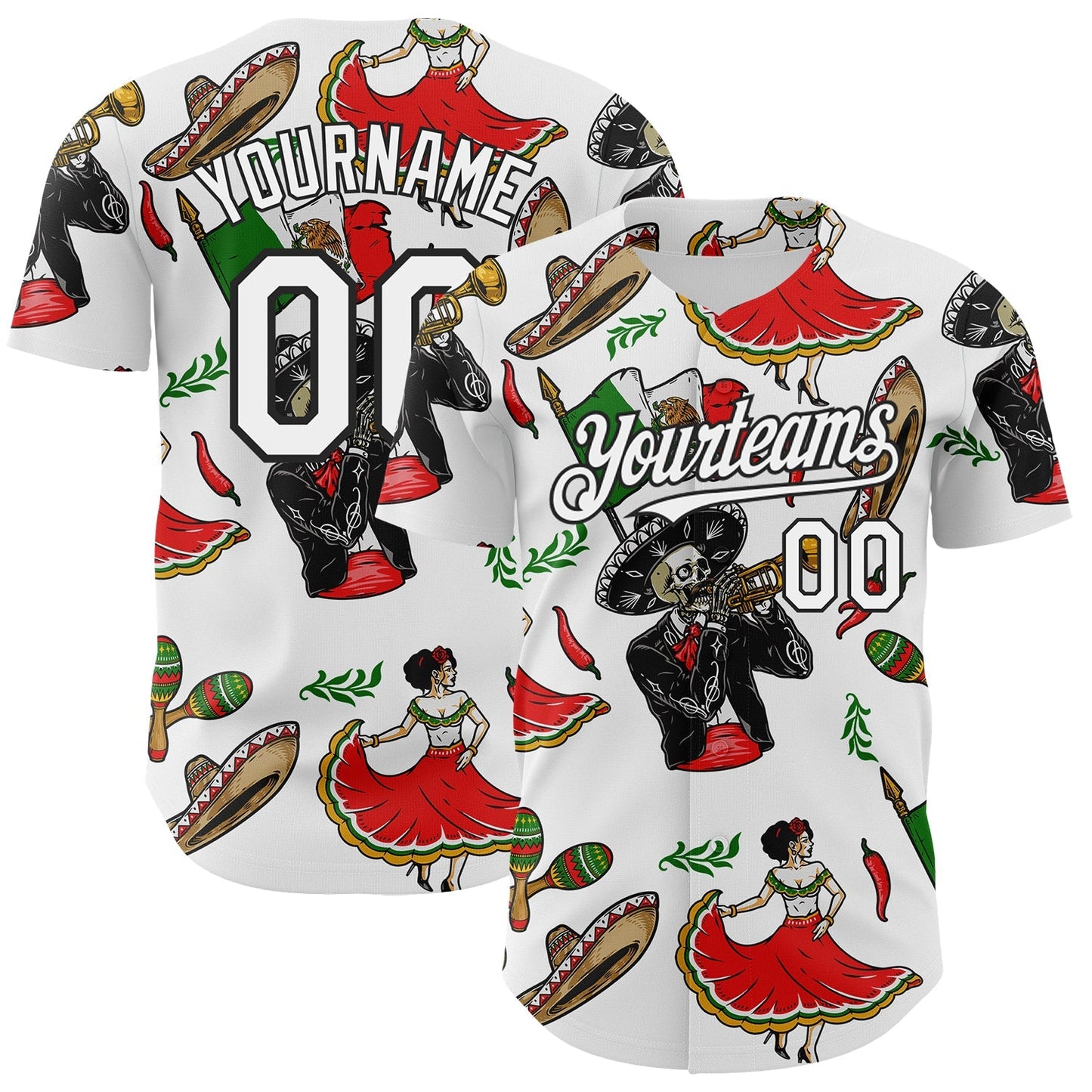 Custom White Black 3D Mexican Festival Skull Cinco de Mayo Authentic Baseball Jersey baseball jersey product view 1