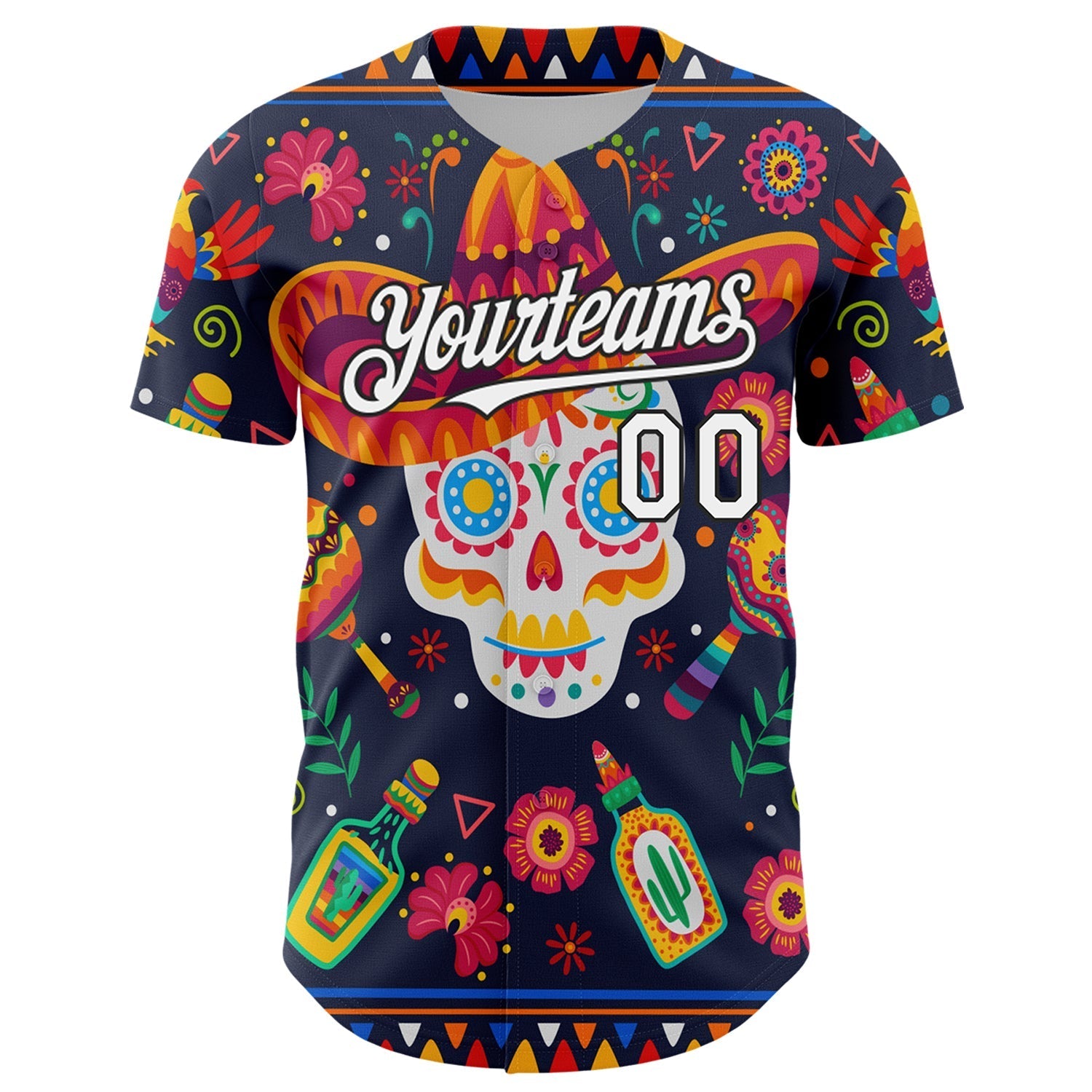 Custom Navy White-Black 3D Mexican Festival Flower Skull With Sombrero Cinco de Mayo Authentic Baseball Jersey baseball jersey product view 2