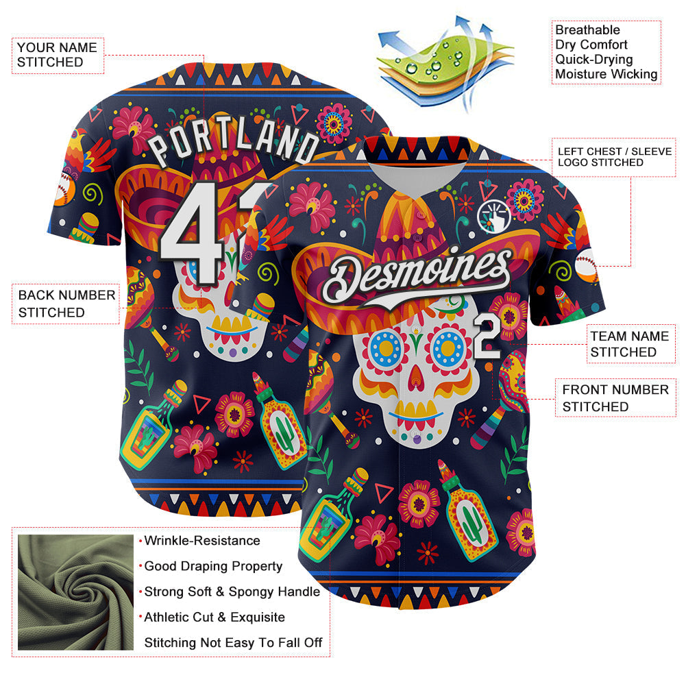 Custom Navy White-Black 3D Mexican Festival Flower Skull With Sombrero Cinco de Mayo Authentic Baseball Jersey baseball jersey product view 3