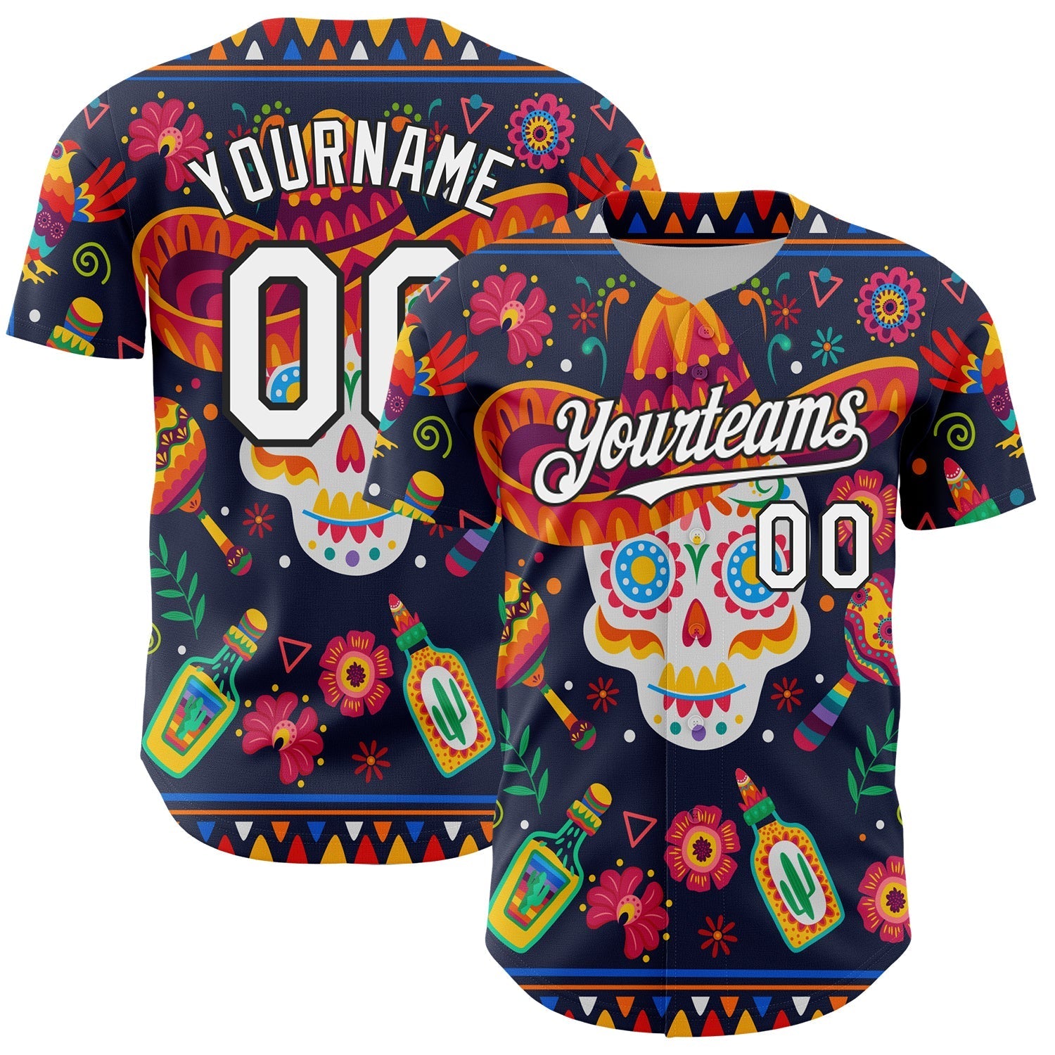 Custom Navy White-Black 3D Mexican Festival Flower Skull With Sombrero Cinco de Mayo Authentic Baseball Jersey baseball jersey product view 1