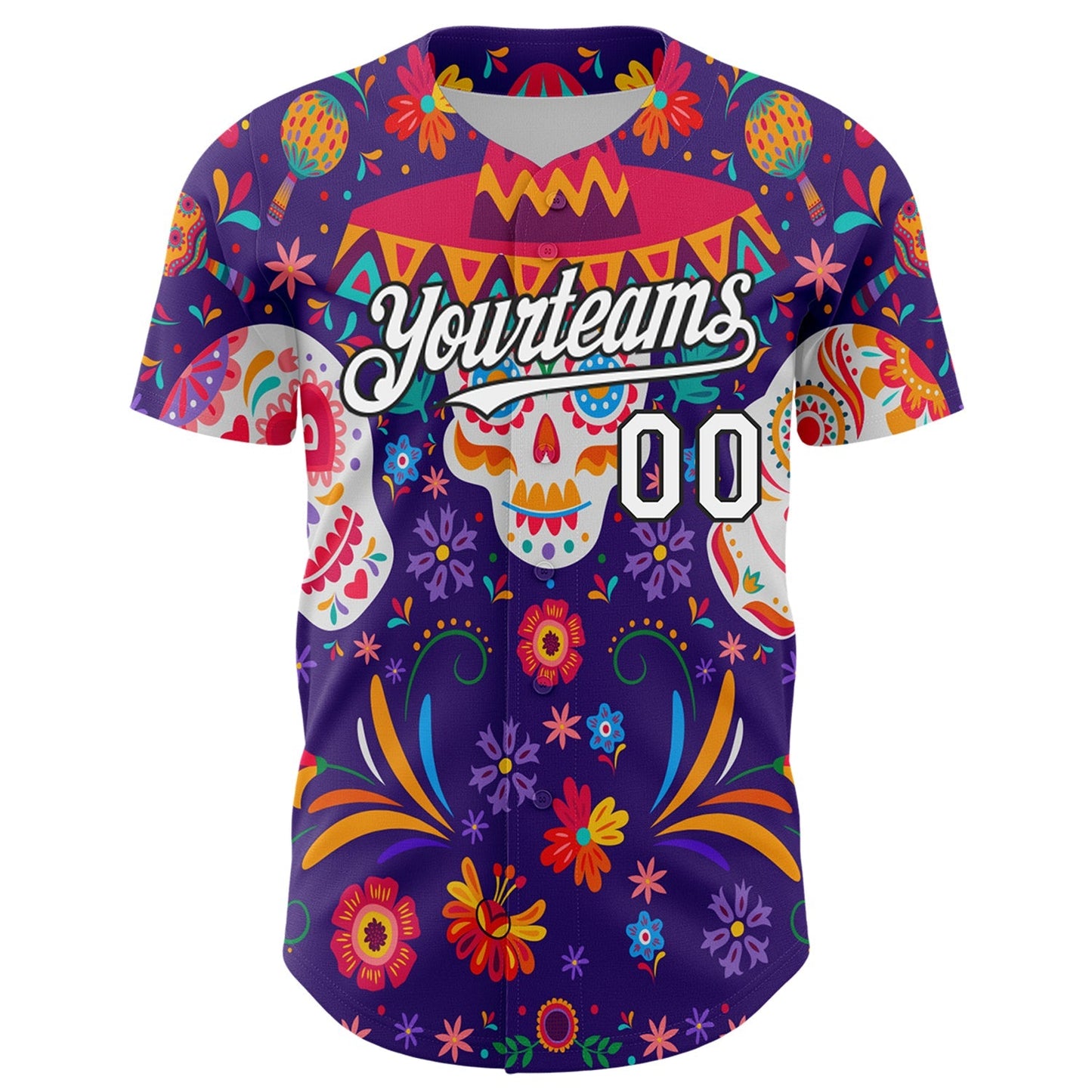 Custom Purple White-Black 3D Mexican Festival Flower Skull With Sombrero Cinco de Mayo Authentic Baseball Jersey baseball jersey product view 2