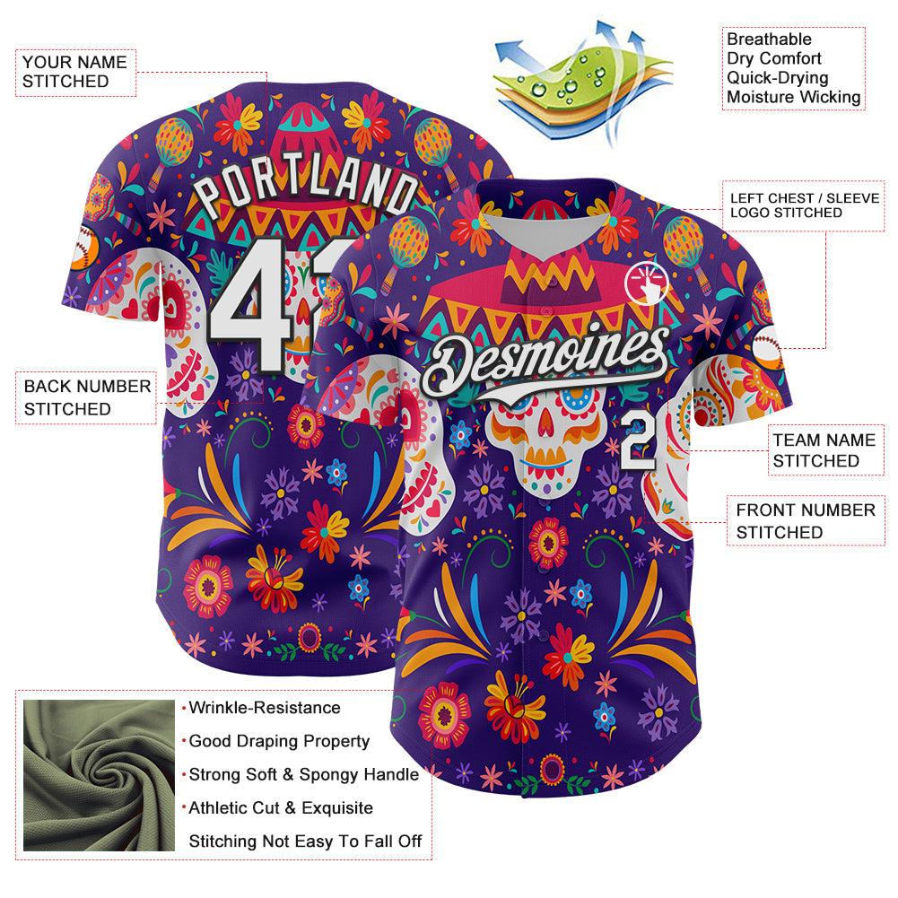 Custom Purple White-Black 3D Mexican Festival Flower Skull With Sombrero Cinco de Mayo Authentic Baseball Jersey baseball jersey product view 3
