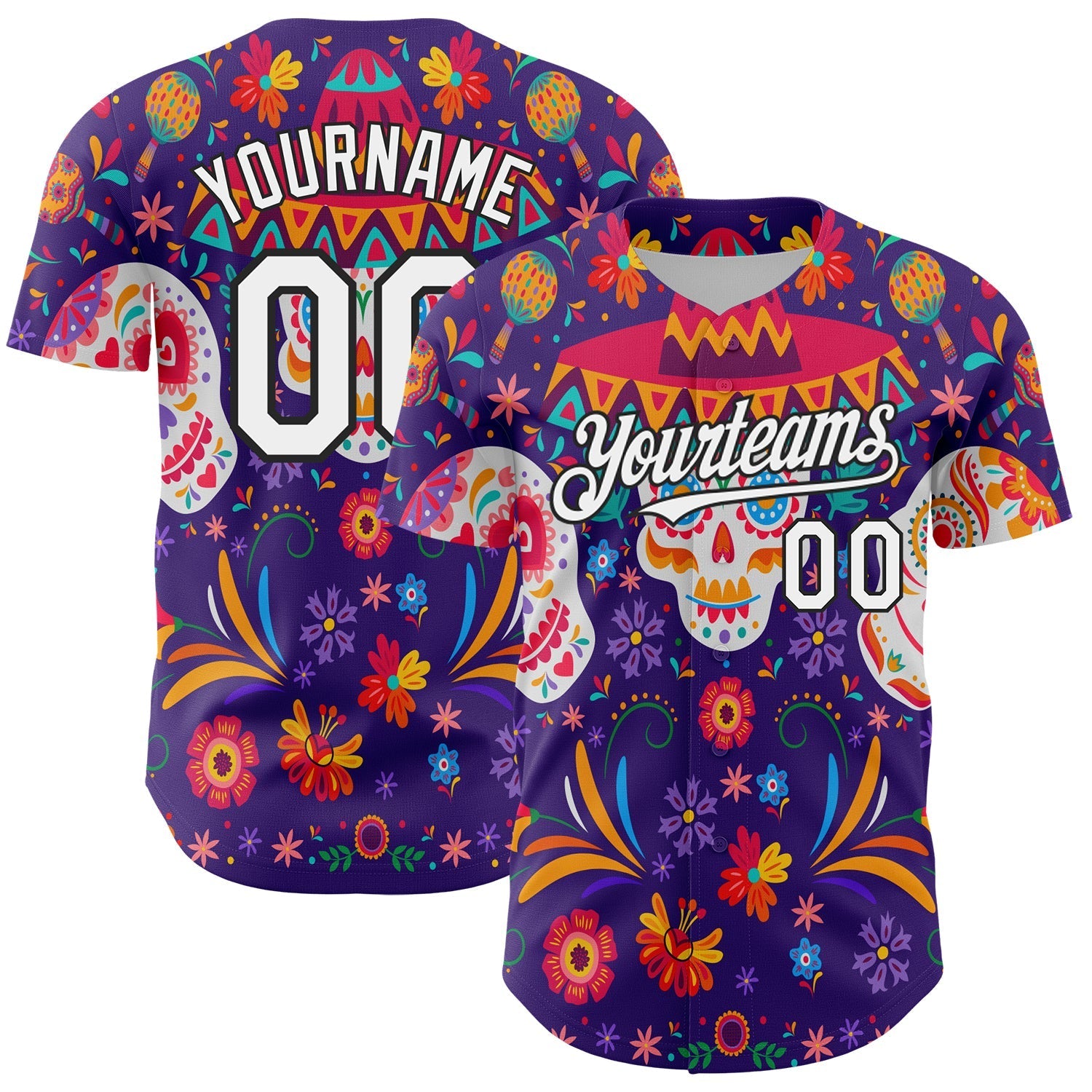 Custom Purple White-Black 3D Mexican Festival Flower Skull With Sombrero Cinco de Mayo Authentic Baseball Jersey baseball jersey product view 1