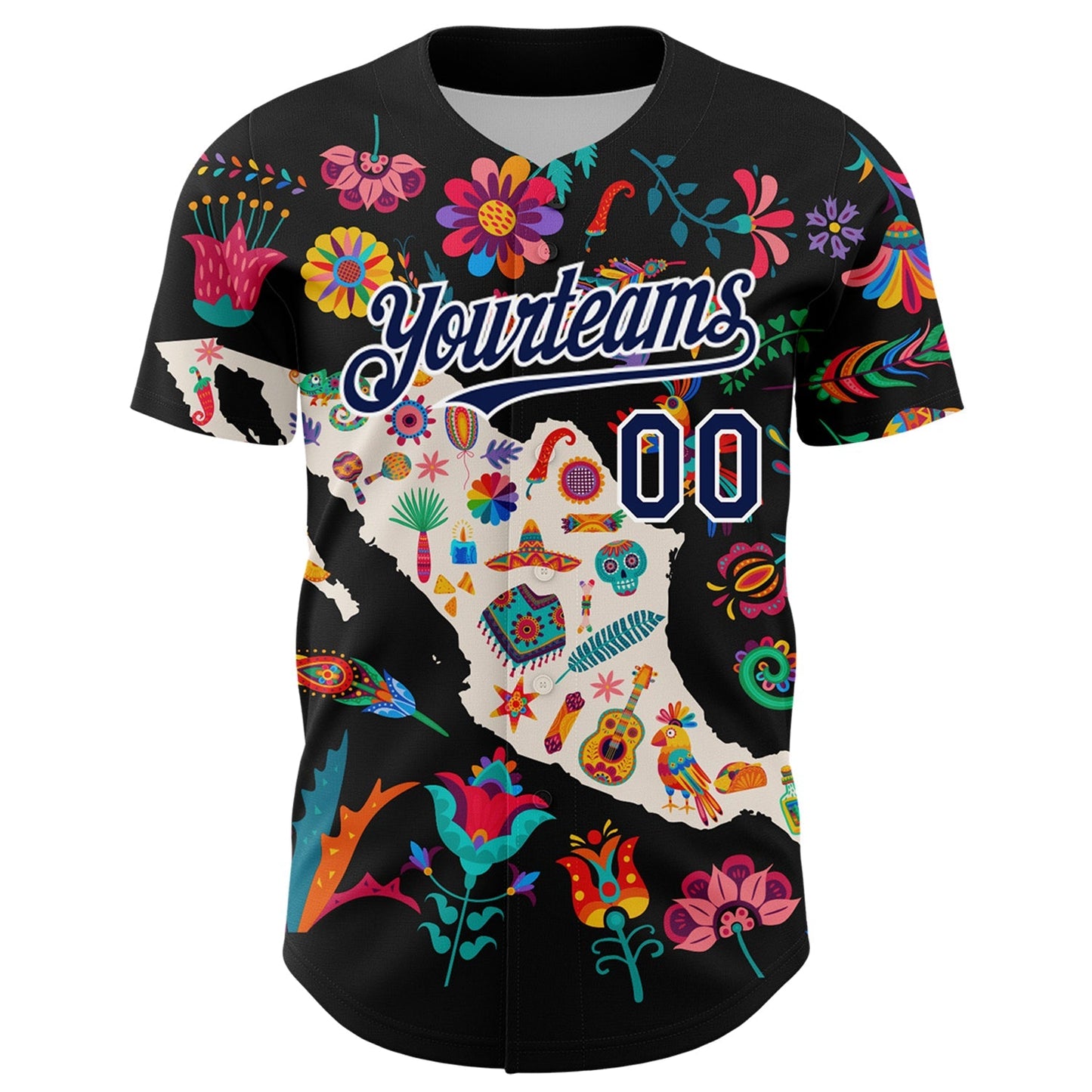 Custom Black Navy-White 3D Mexico Map With Tropical Plant And Animal Authentic Baseball Jersey baseball jersey product view 2
