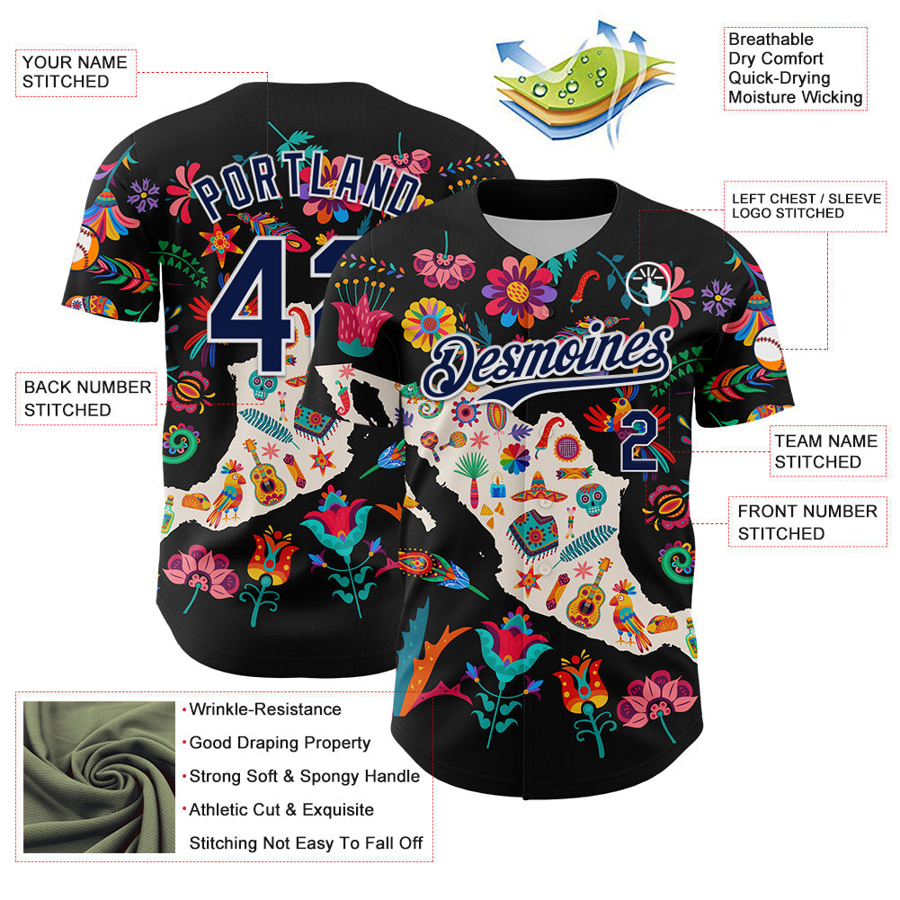 Custom Black Navy-White 3D Mexico Map With Tropical Plant And Animal Authentic Baseball Jersey baseball jersey product view 3