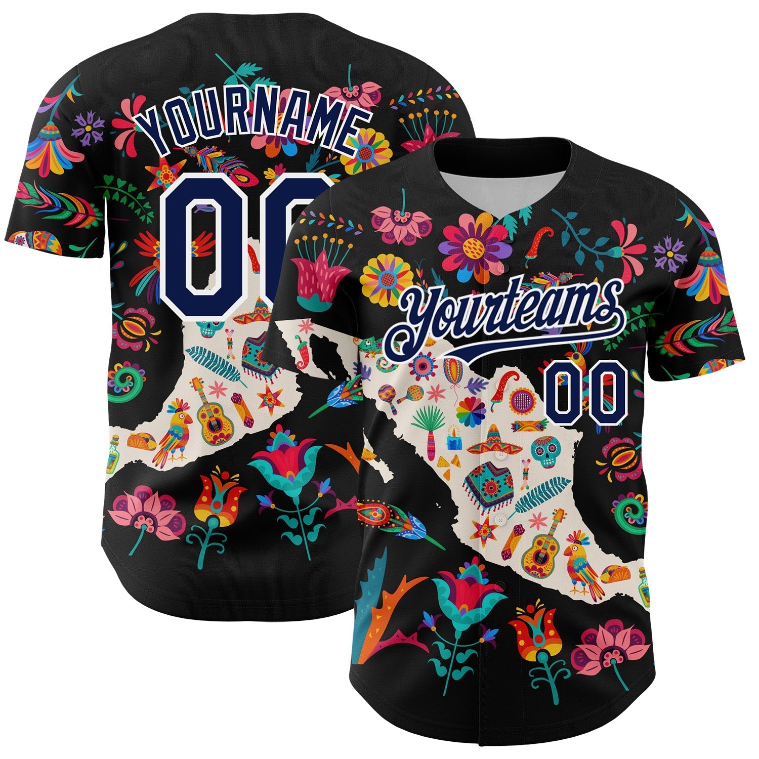 Custom Black Navy-White 3D Mexico Map With Tropical Plant And Animal Authentic Baseball Jersey baseball jersey product view 1