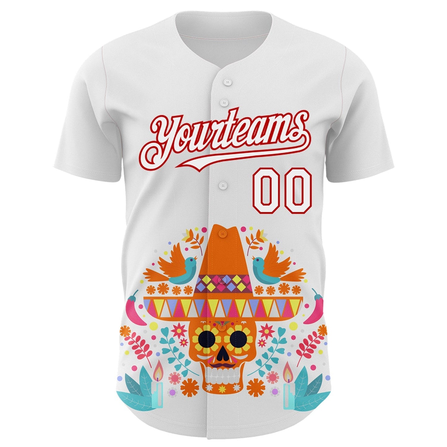 Custom White Red 3D Mexican Festival Flower Skull With Sombrero Cinco de Mayo Authentic Baseball Jersey baseball jersey product view 2