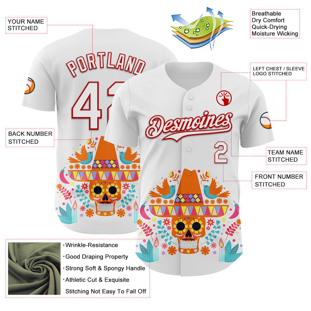 Custom White Red 3D Mexican Festival Flower Skull With Sombrero Cinco de Mayo Authentic Baseball Jersey baseball jersey product view 3