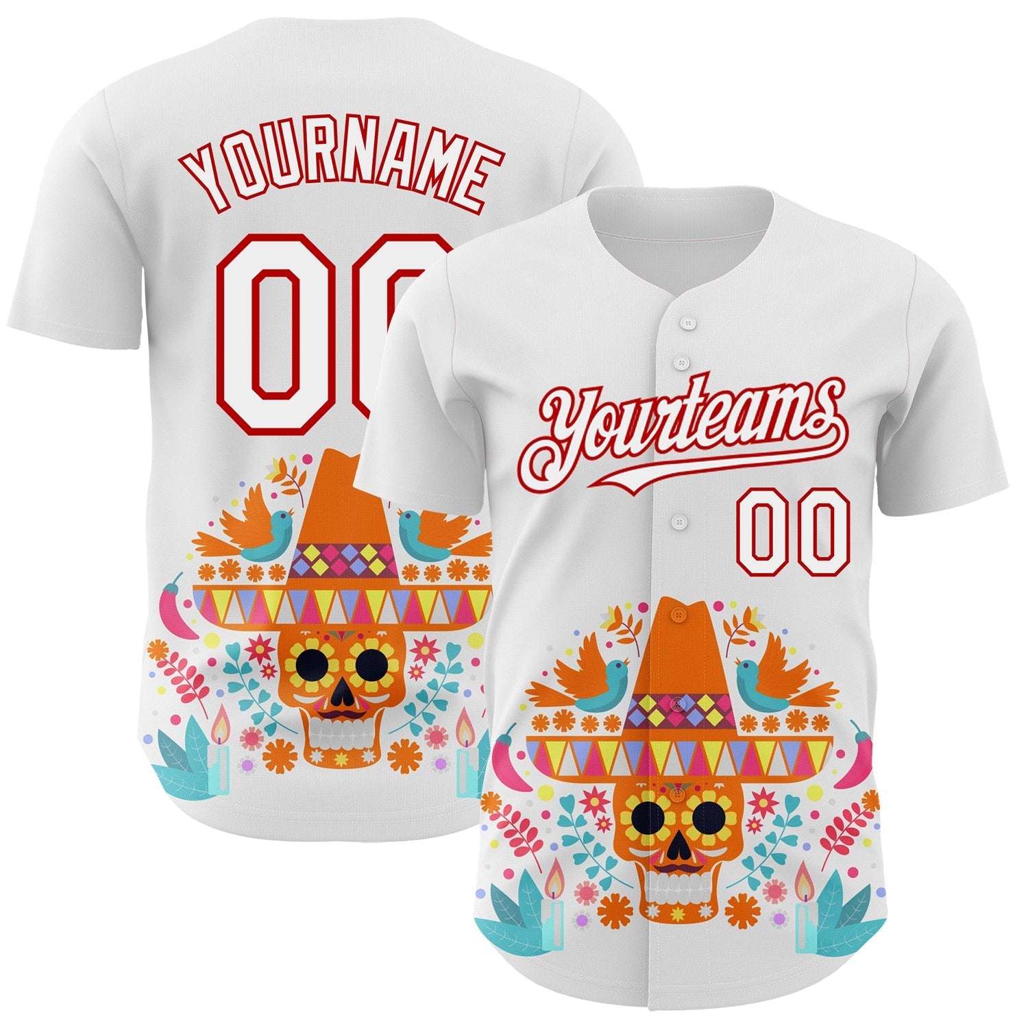 Custom White Red 3D Mexican Festival Flower Skull With Sombrero Cinco de Mayo Authentic Baseball Jersey baseball jersey product view 1