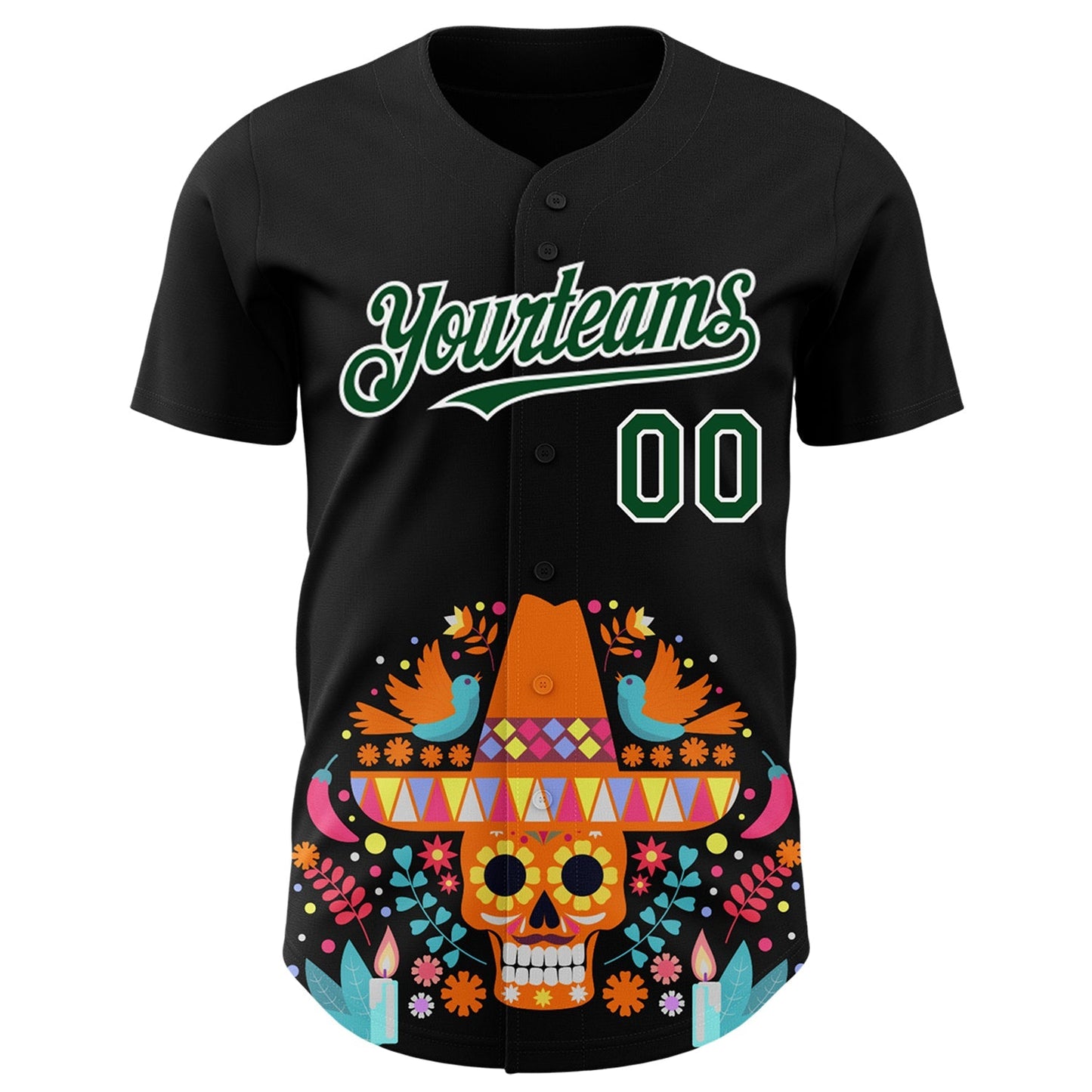 Custom Black Green-White 3D Mexican Festival Flower Skull With Sombrero Cinco de Mayo Authentic Baseball Jersey baseball jersey product view 2