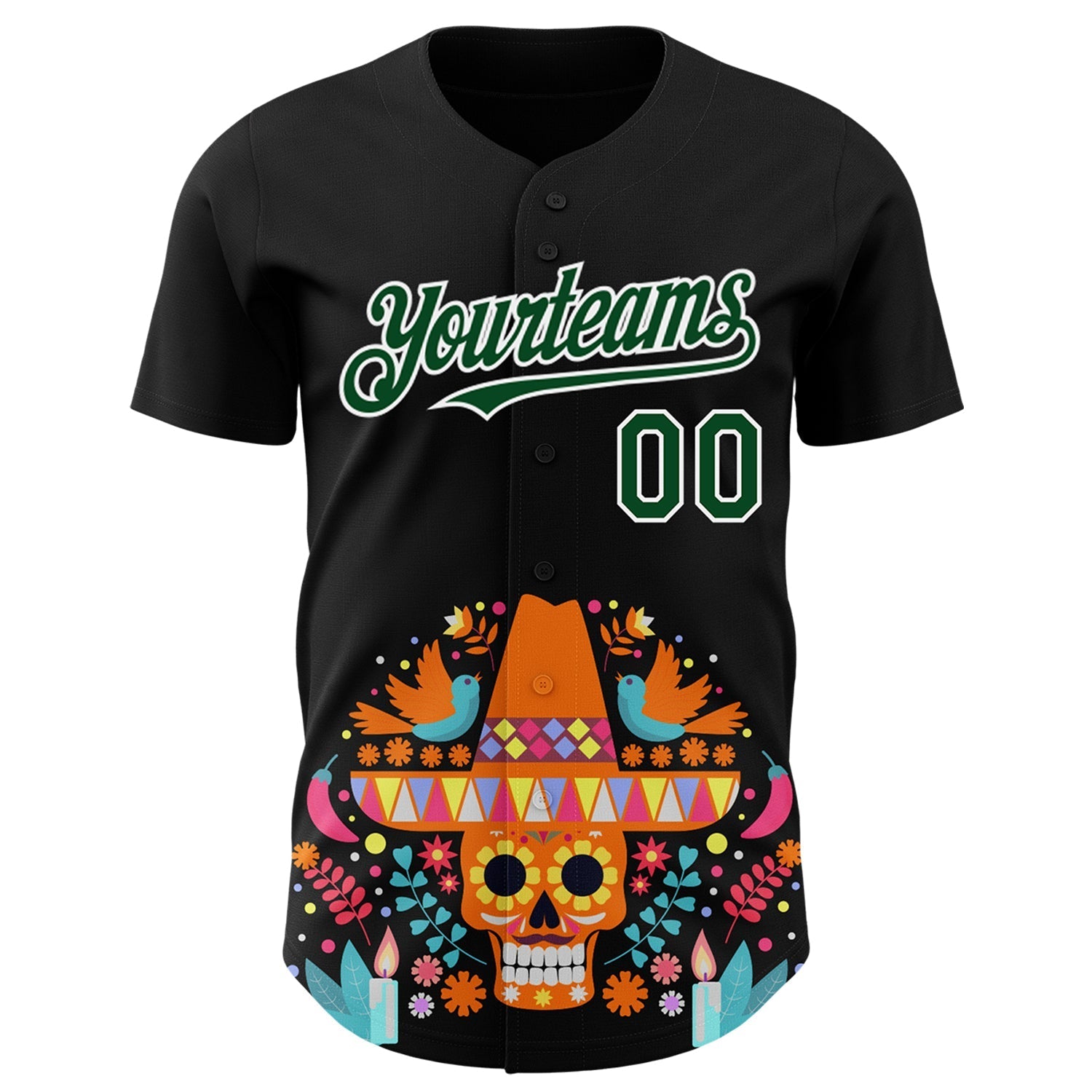 Custom Black Green-White 3D Mexican Festival Flower Skull With Sombrero Cinco de Mayo Authentic Baseball Jersey baseball jersey product view 2
