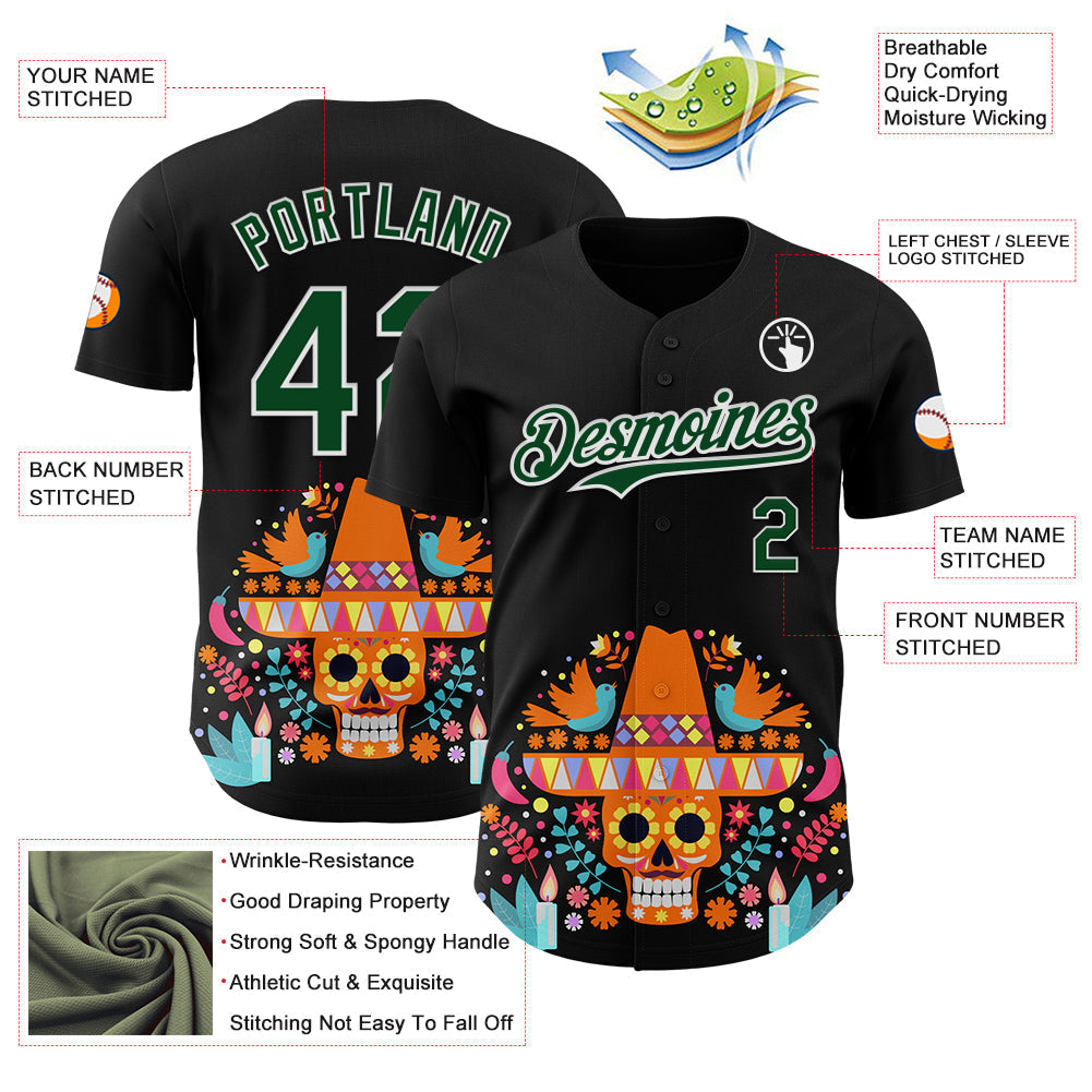 Custom Black Green-White 3D Mexican Festival Flower Skull With Sombrero Cinco de Mayo Authentic Baseball Jersey baseball jersey product view 3