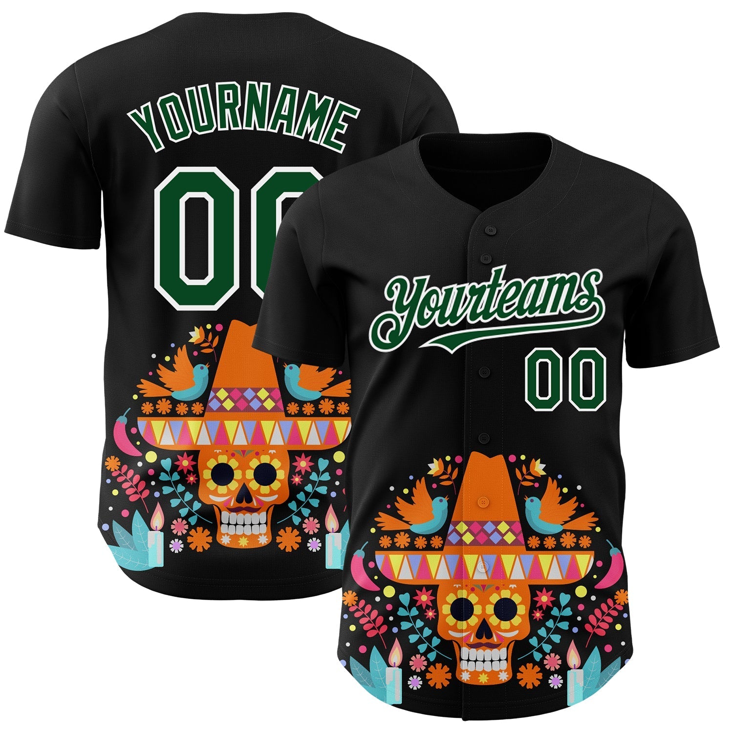Custom Black Green-White 3D Mexican Festival Flower Skull With Sombrero Cinco de Mayo Authentic Baseball Jersey baseball jersey product view 1