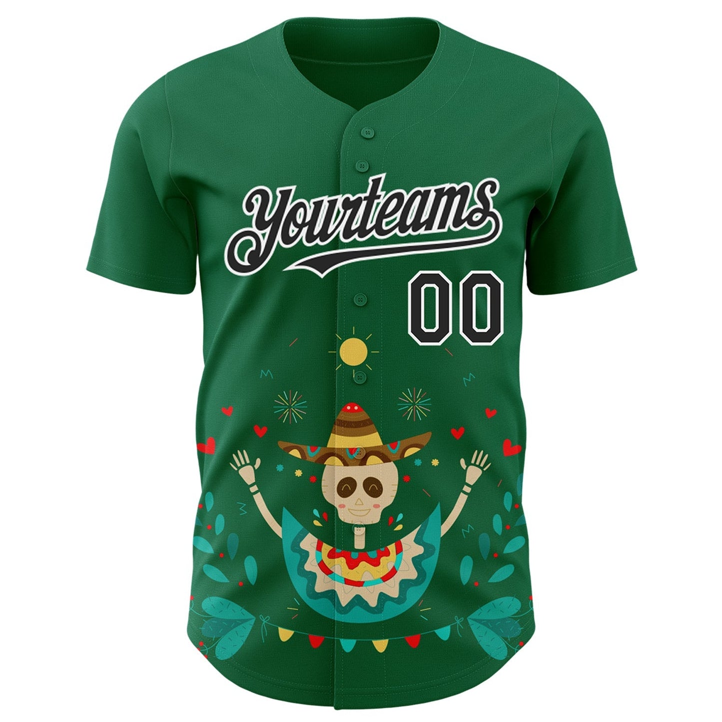Custom Kelly Green Black-White 3D Mexican Festival Flower Skull With Sombrero Cinco de Mayo Authentic Baseball Jersey baseball jersey product view 2