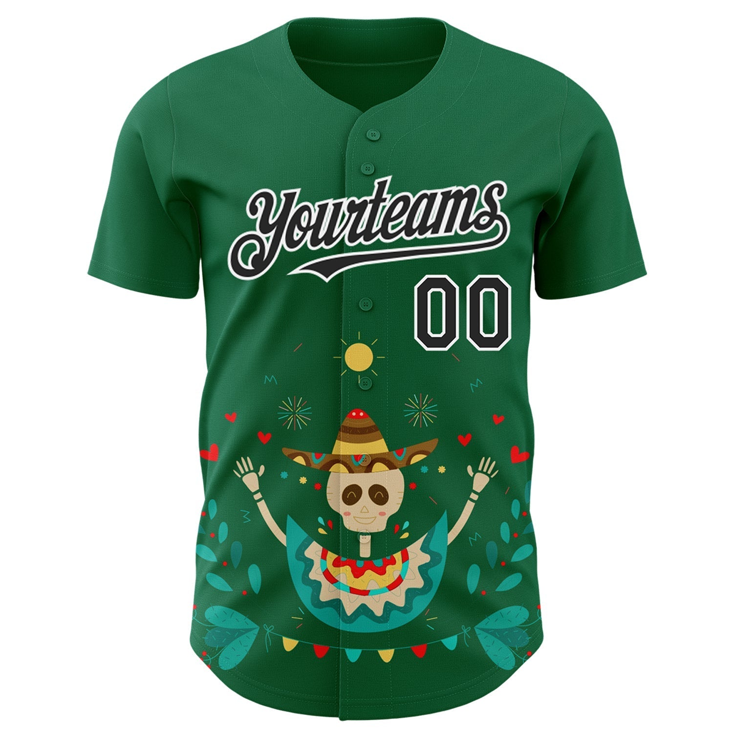 Custom Kelly Green Black-White 3D Mexican Festival Flower Skull With Sombrero Cinco de Mayo Authentic Baseball Jersey baseball jersey product view 2