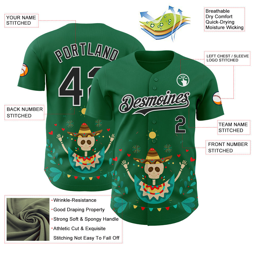 Custom Kelly Green Black-White 3D Mexican Festival Flower Skull With Sombrero Cinco de Mayo Authentic Baseball Jersey baseball jersey product view 3