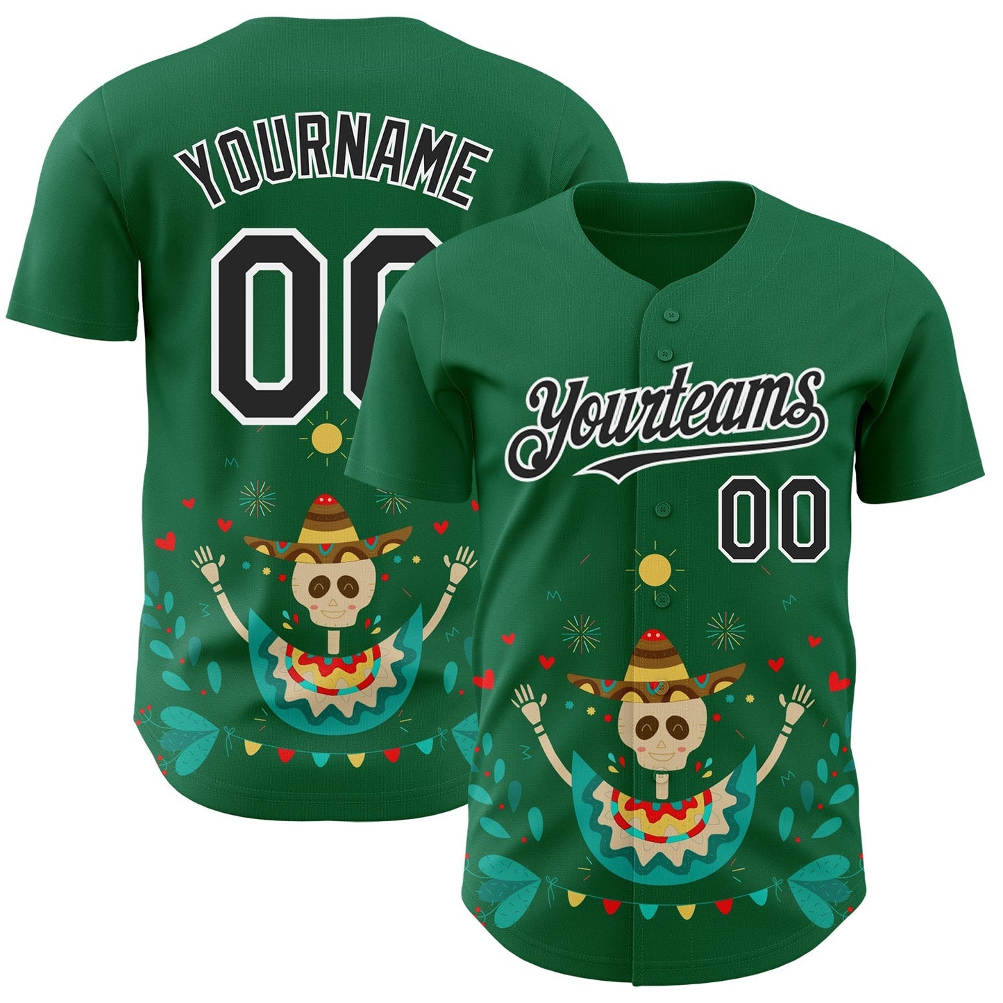 Custom Kelly Green Black-White 3D Mexican Festival Flower Skull With Sombrero Cinco de Mayo Authentic Baseball Jersey baseball jersey product view 1
