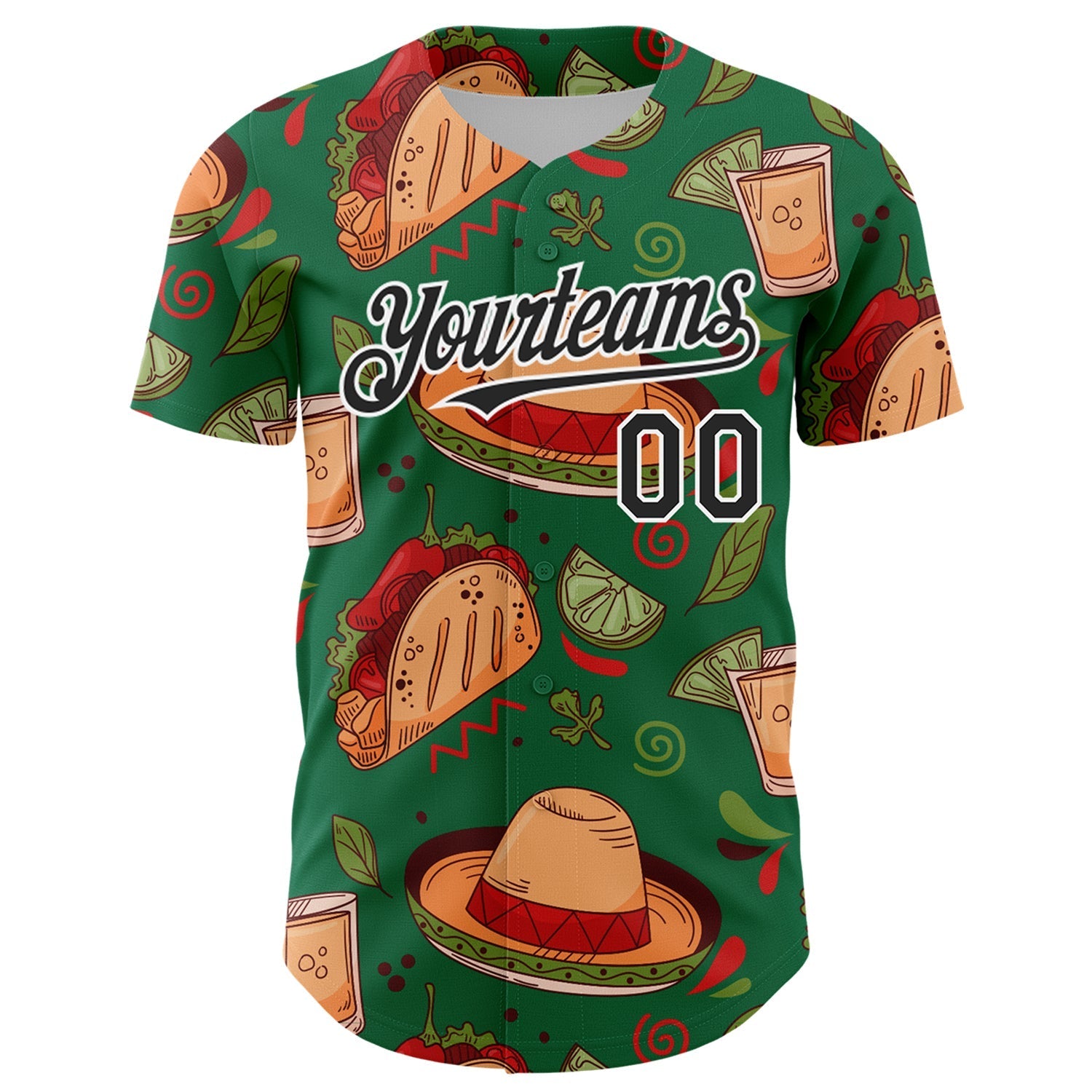 Custom Kelly Green Black-White 3D Mexican Festival Tacos And Sombrero Cinco de Mayo Authentic Baseball Jersey baseball jersey product view 2