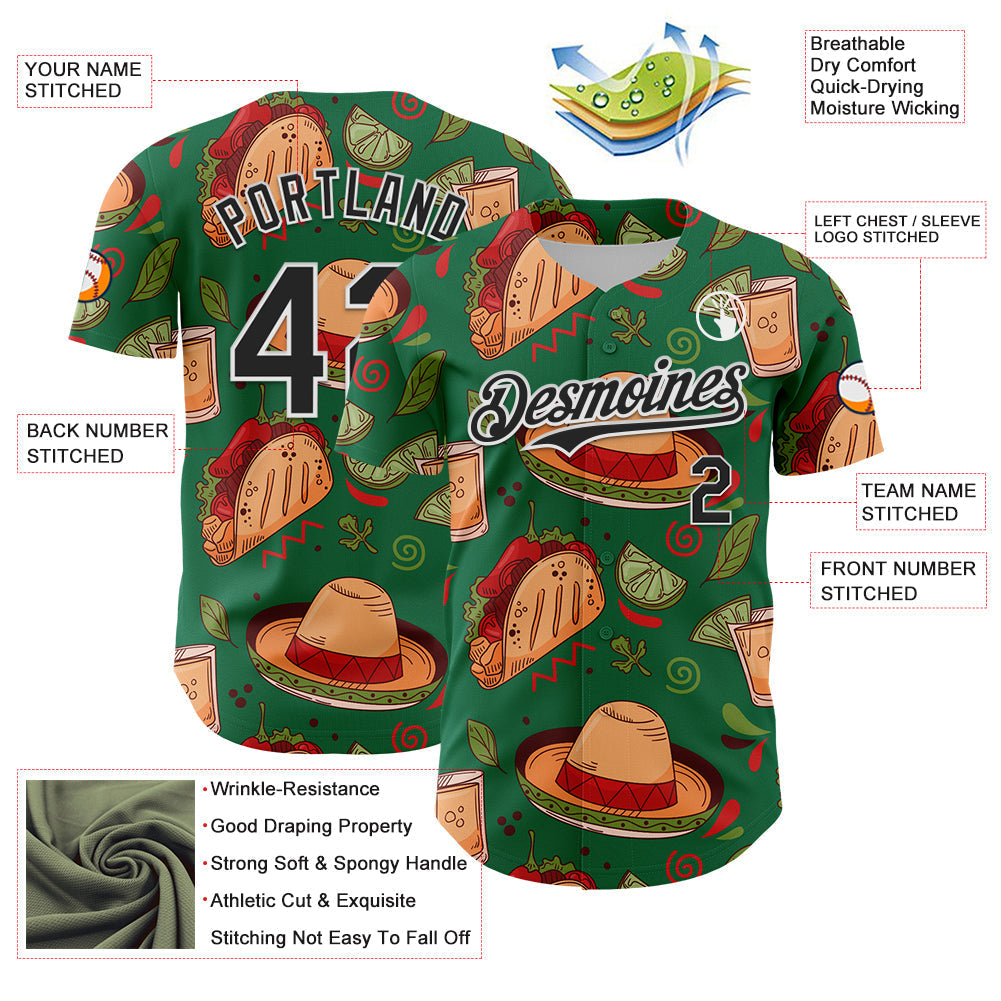Custom Kelly Green Black-White 3D Mexican Festival Tacos And Sombrero Cinco de Mayo Authentic Baseball Jersey baseball jersey product view 3
