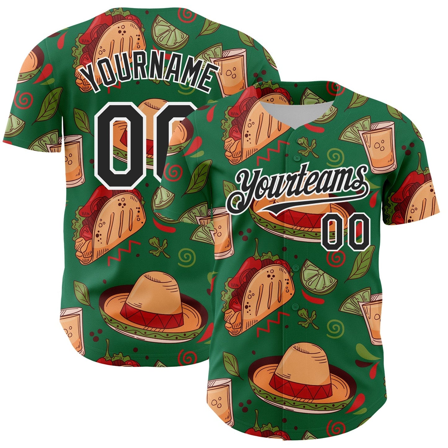 Custom Kelly Green Black-White 3D Mexican Festival Tacos And Sombrero Cinco de Mayo Authentic Baseball Jersey baseball jersey product view 1