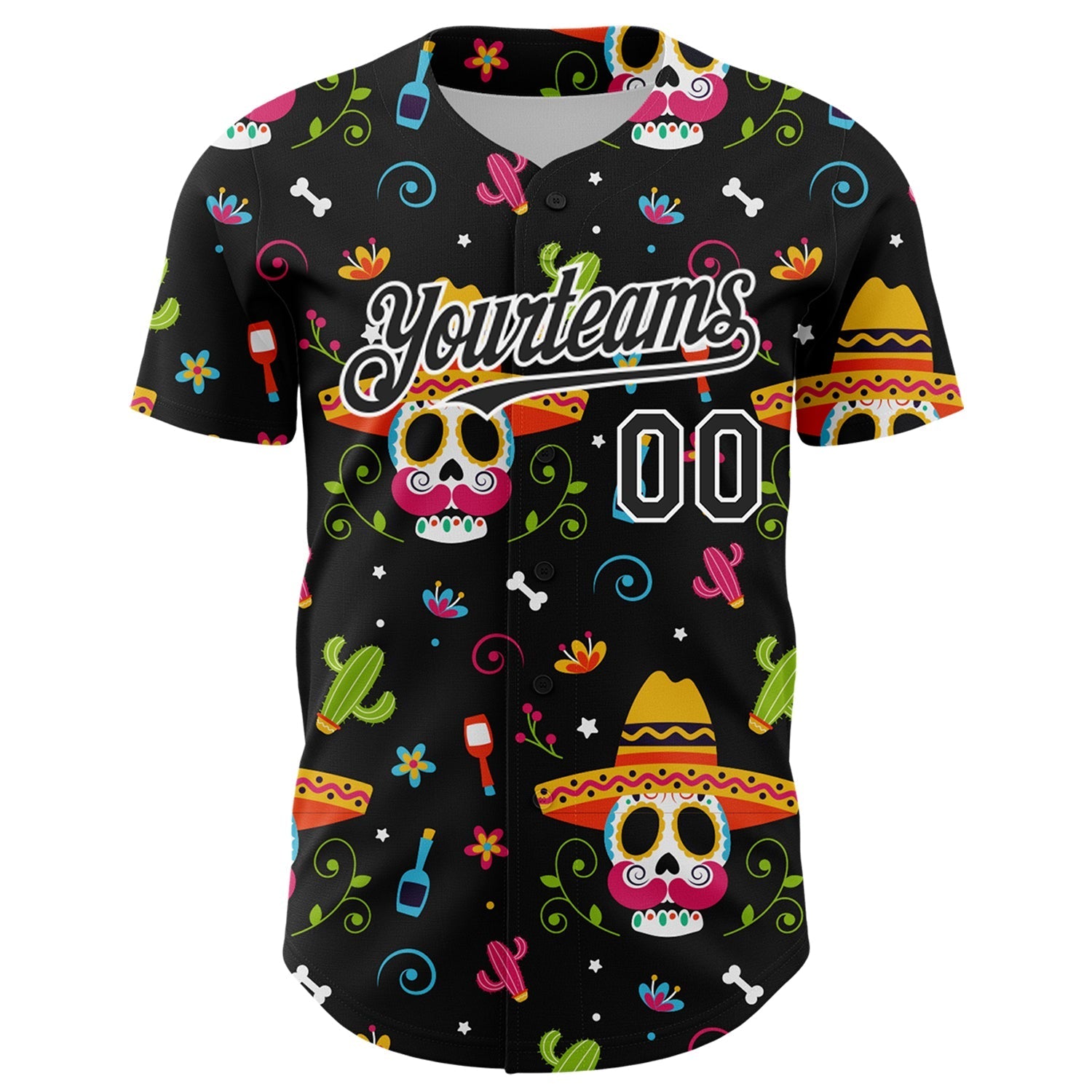Custom Black White 3D Mexican Festival Flower Skull With Sombrero Cinco de Mayo Authentic Baseball Jersey baseball jersey product view 2