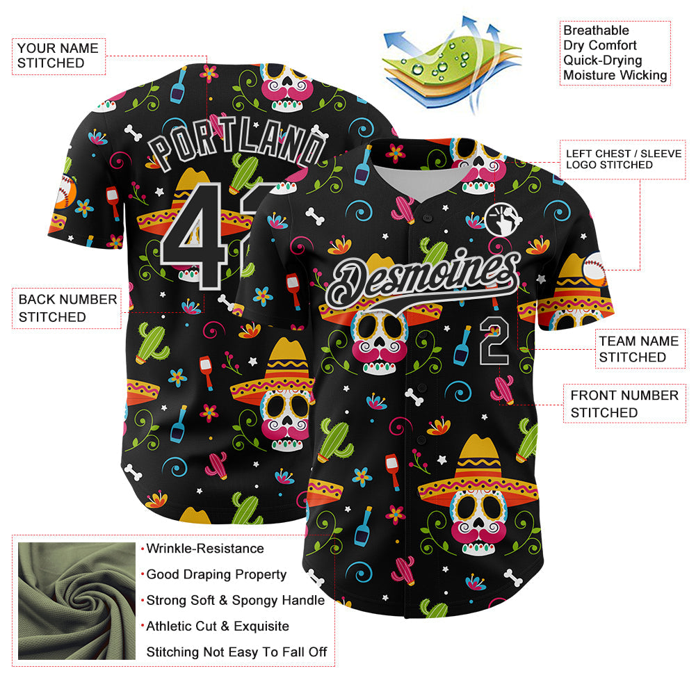 Custom Black White 3D Mexican Festival Flower Skull With Sombrero Cinco de Mayo Authentic Baseball Jersey baseball jersey product view 3