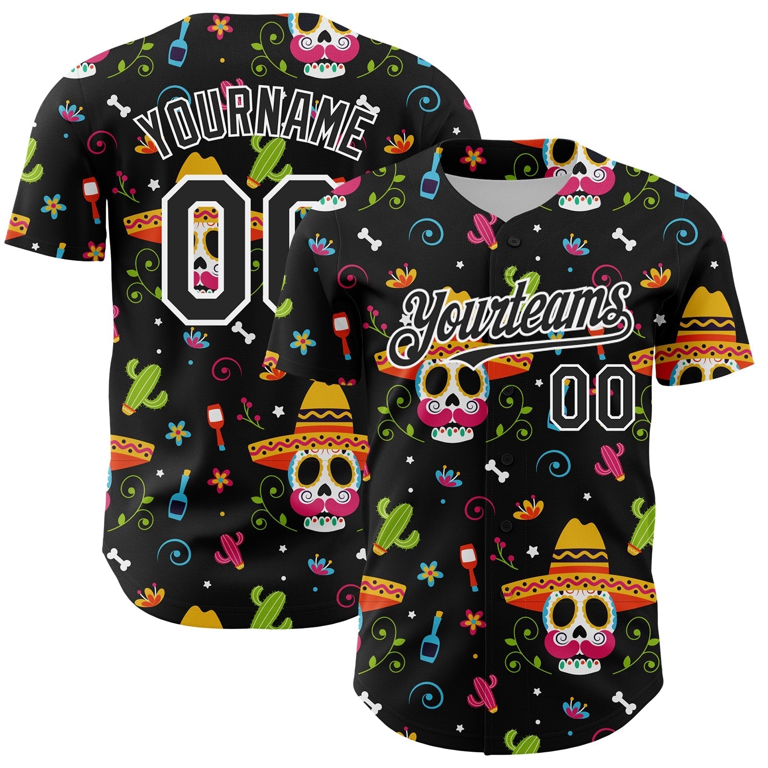 Custom Black White 3D Mexican Festival Flower Skull With Sombrero Cinco de Mayo Authentic Baseball Jersey baseball jersey product view 1